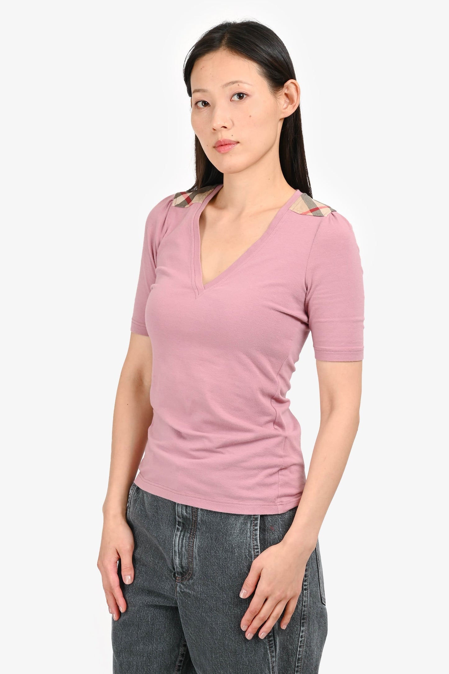 Burberry London Pink Cotton Nova Check Detail Short Sleeve T-Shirt Size XS