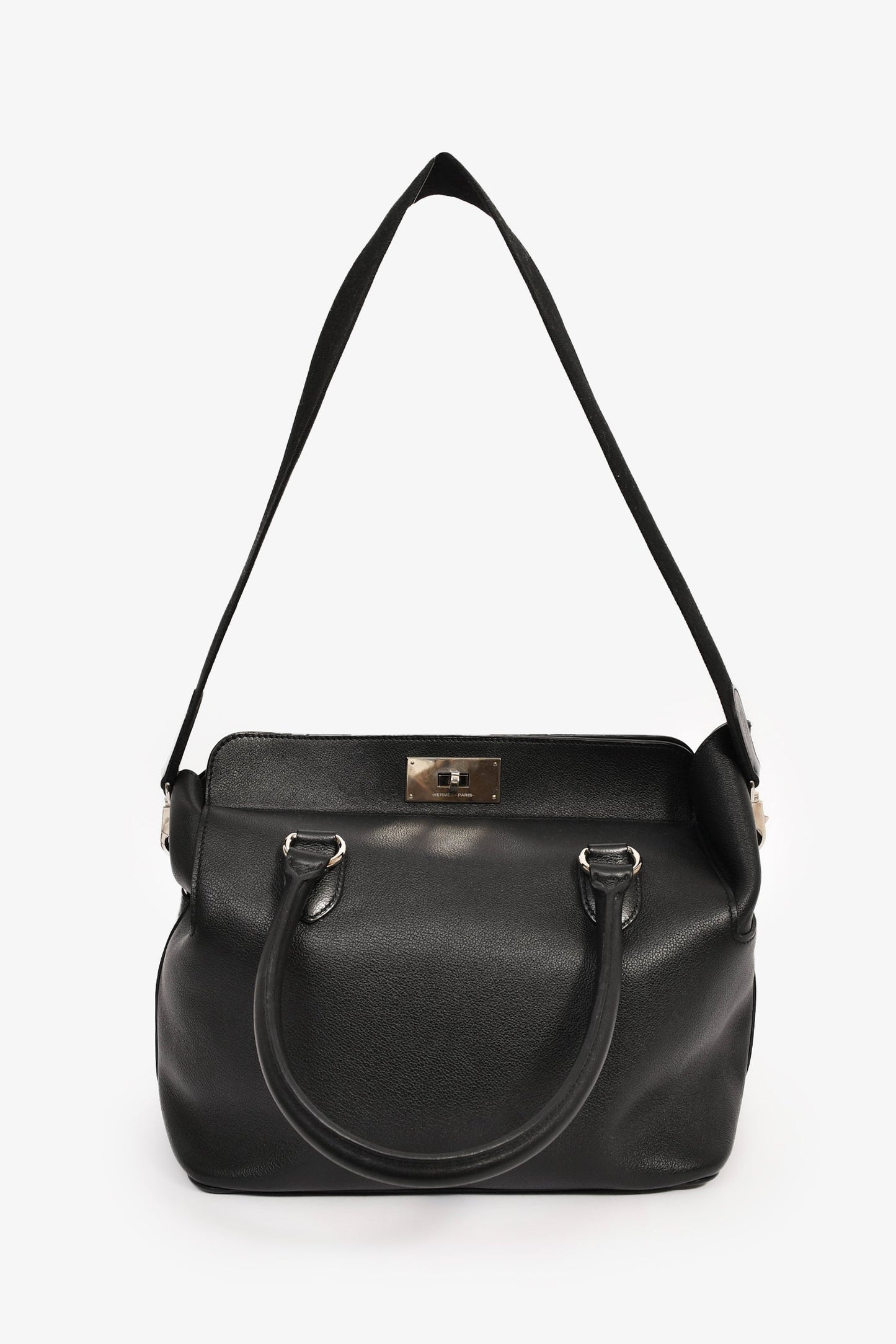 Hermès Black Leather Tool Box 26 Top Handle with Strap