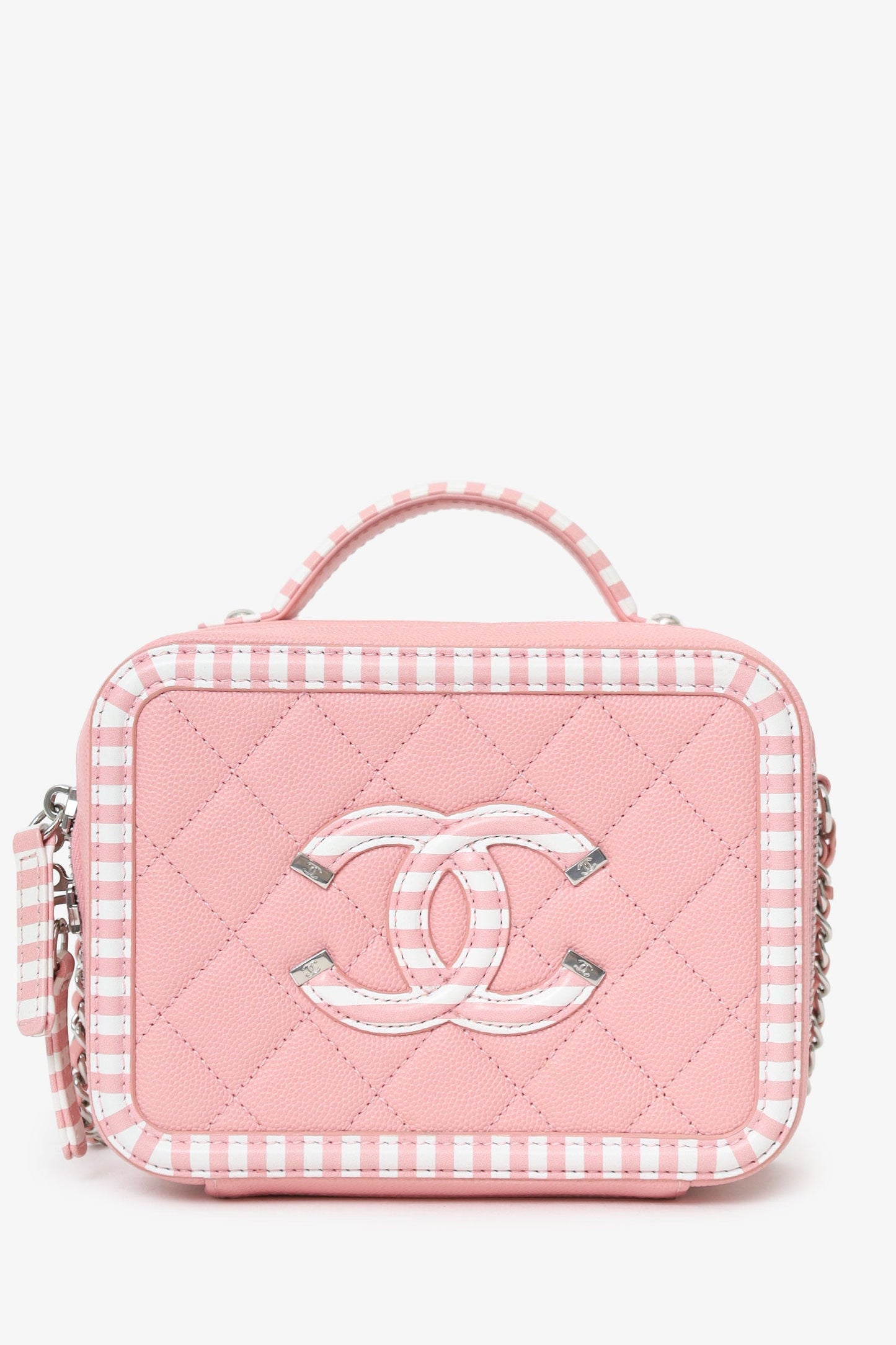 Chanel™ 2019 Pink/White Caviar Quilted Striped Small CC Filigree Vanity Case