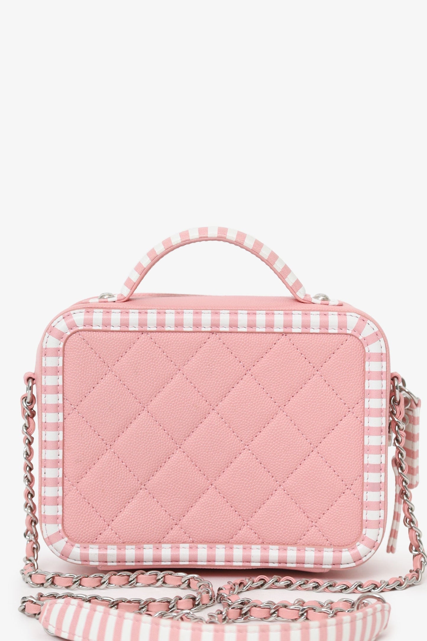 Chanel™ 2019 Pink/White Caviar Quilted Striped Small CC Filigree Vanity Case
