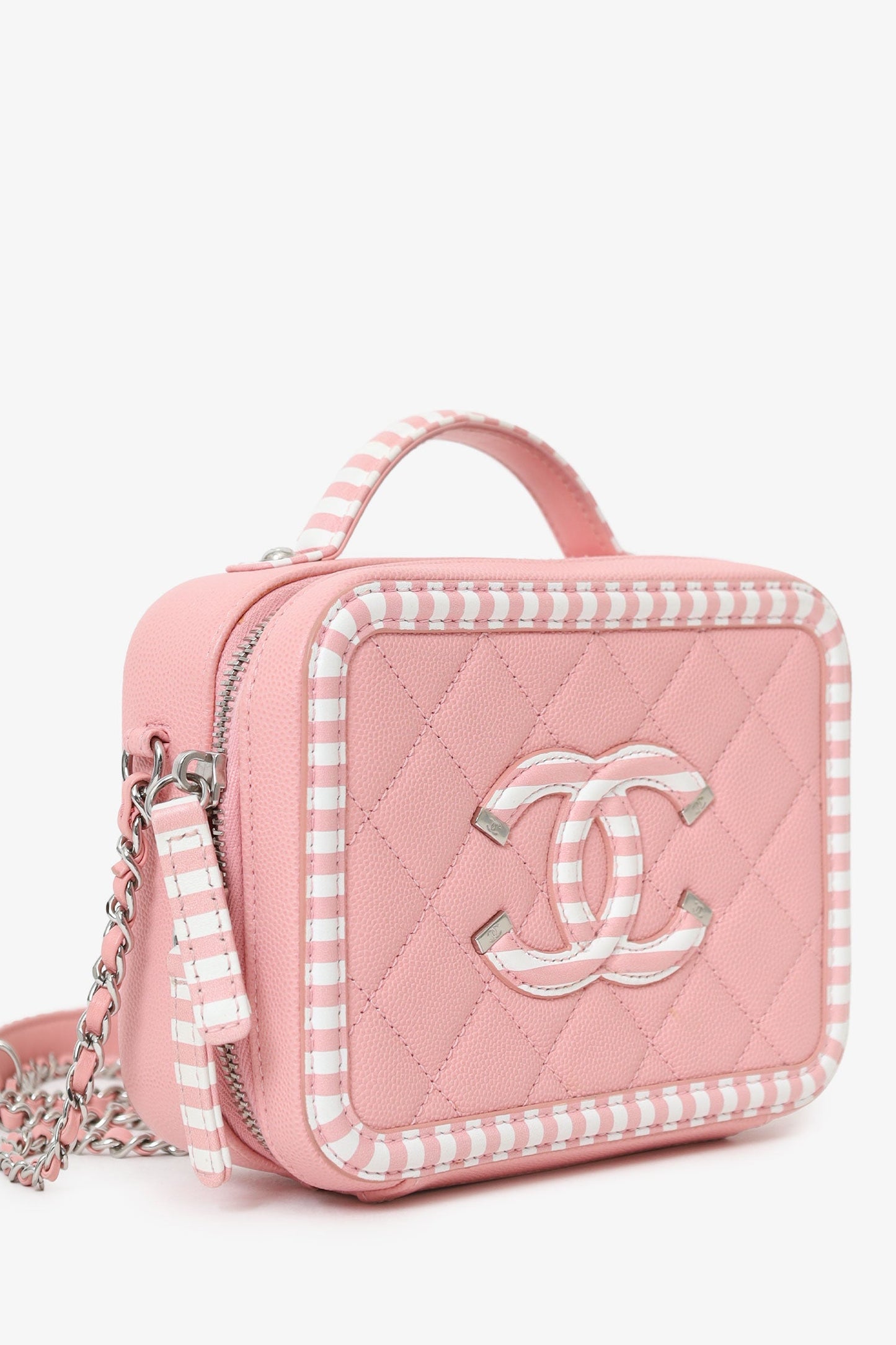 Chanel™ 2019 Pink/White Caviar Quilted Striped Small CC Filigree Vanity Case