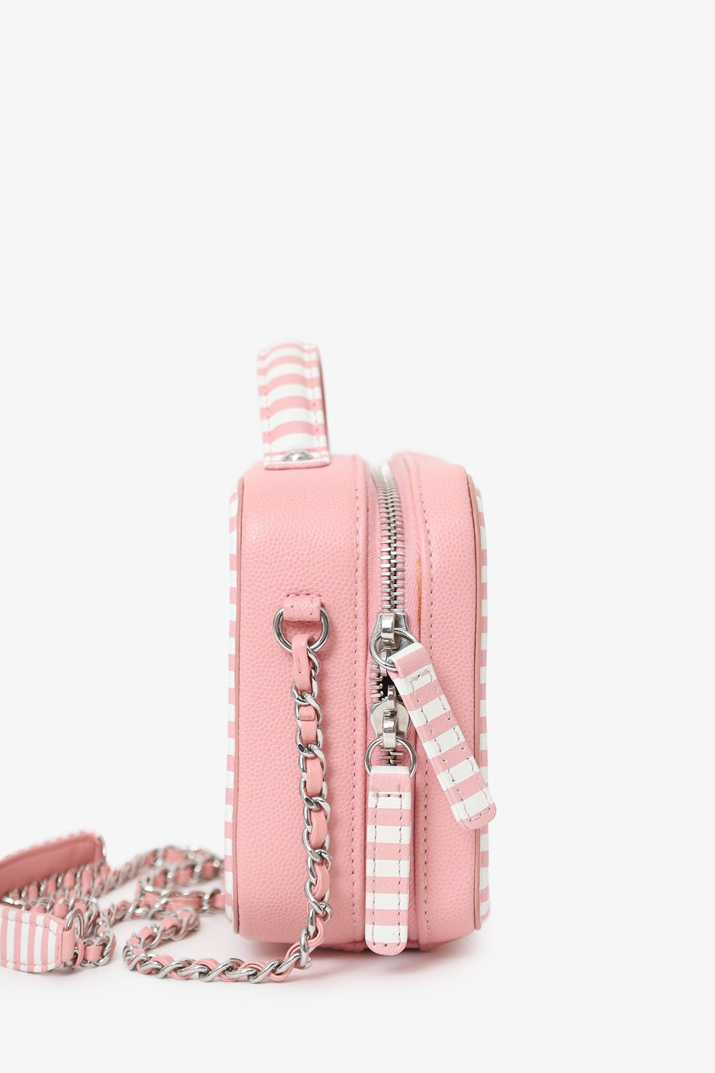 Chanel™ 2019 Pink/White Caviar Quilted Striped Small CC Filigree Vanity Case