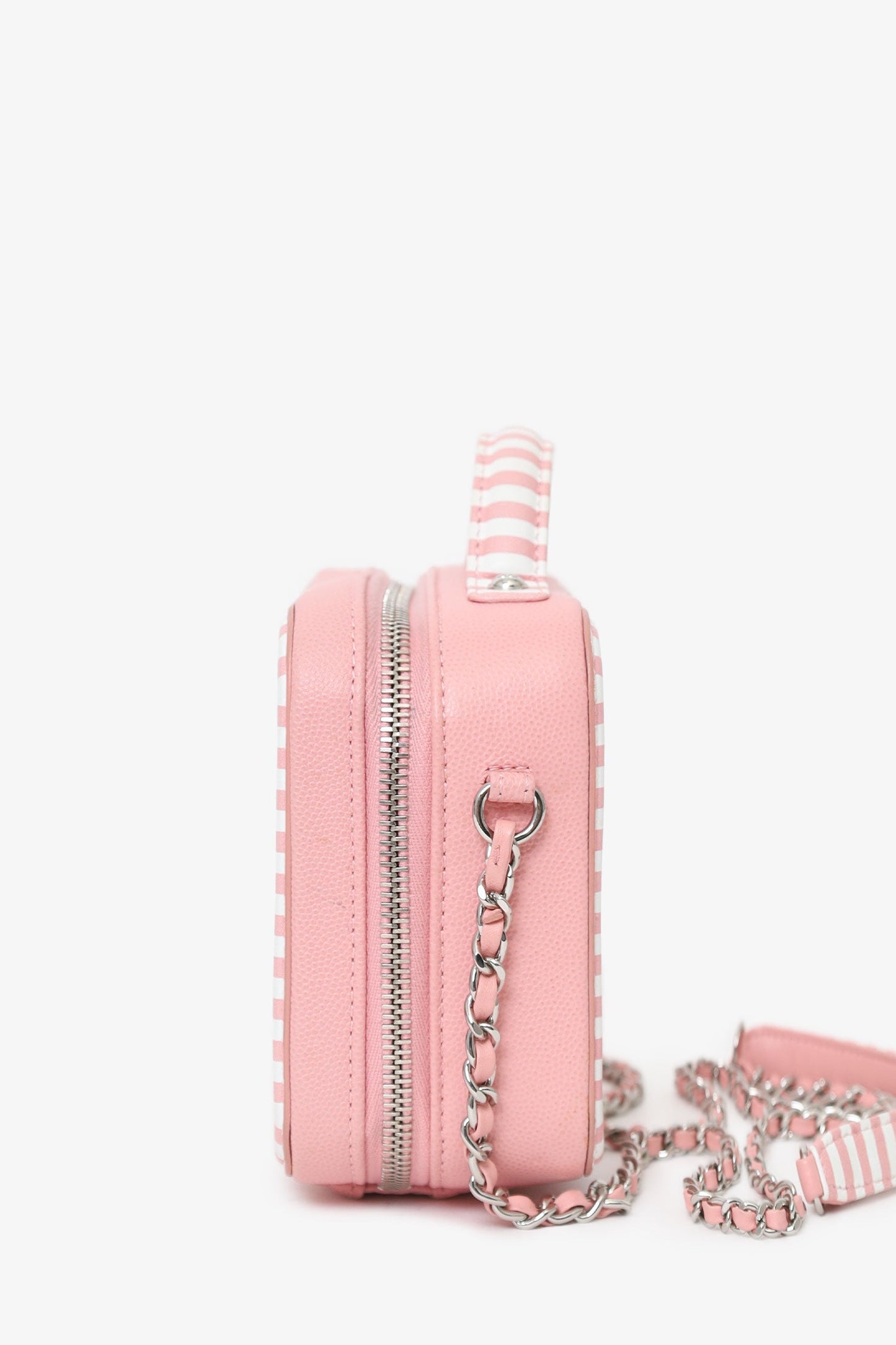 Chanel™ 2019 Pink/White Caviar Quilted Striped Small CC Filigree Vanity Case