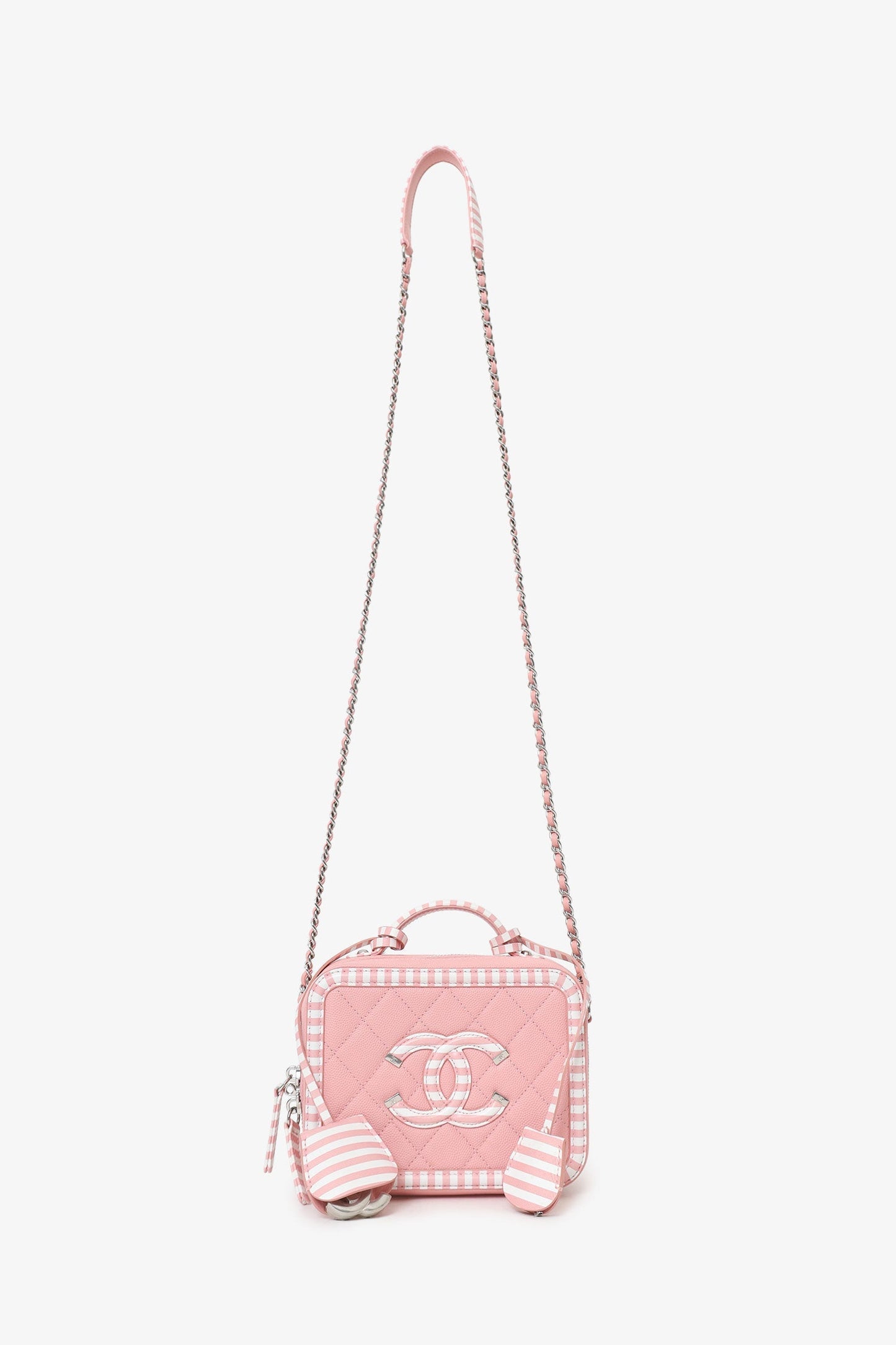 Chanel™ 2019 Pink/White Caviar Quilted Striped Small CC Filigree Vanity Case