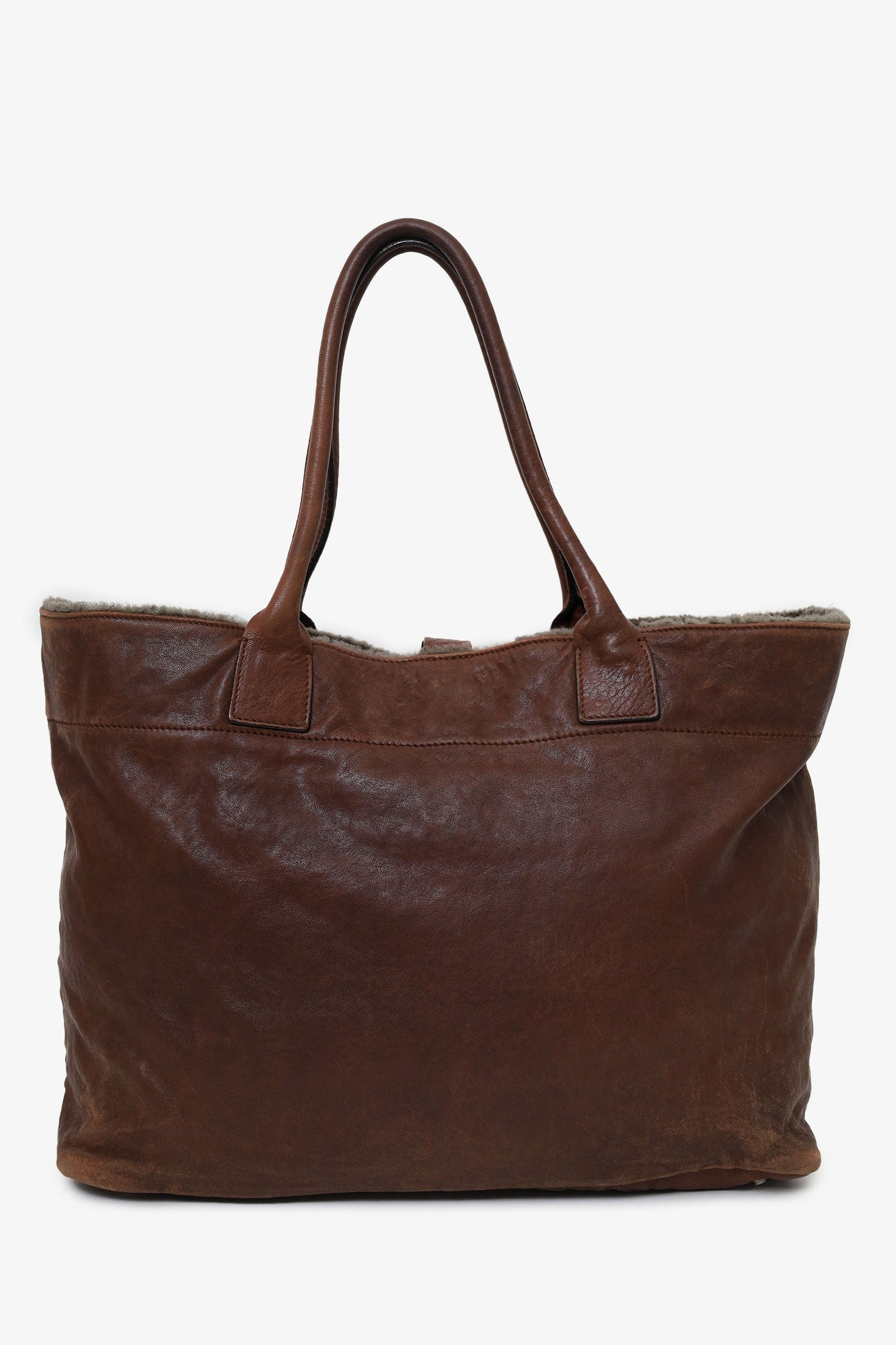 Brunello Cucinelli Brown Leather Shearling Trim Tote