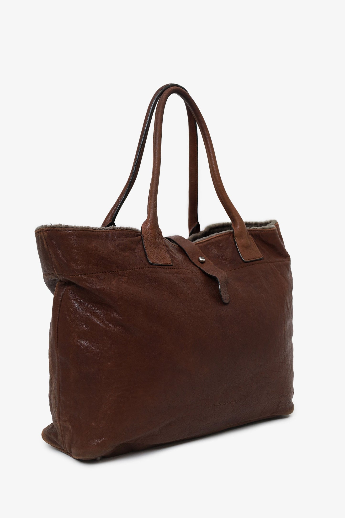 Brunello Cucinelli Brown Leather Shearling Trim Tote