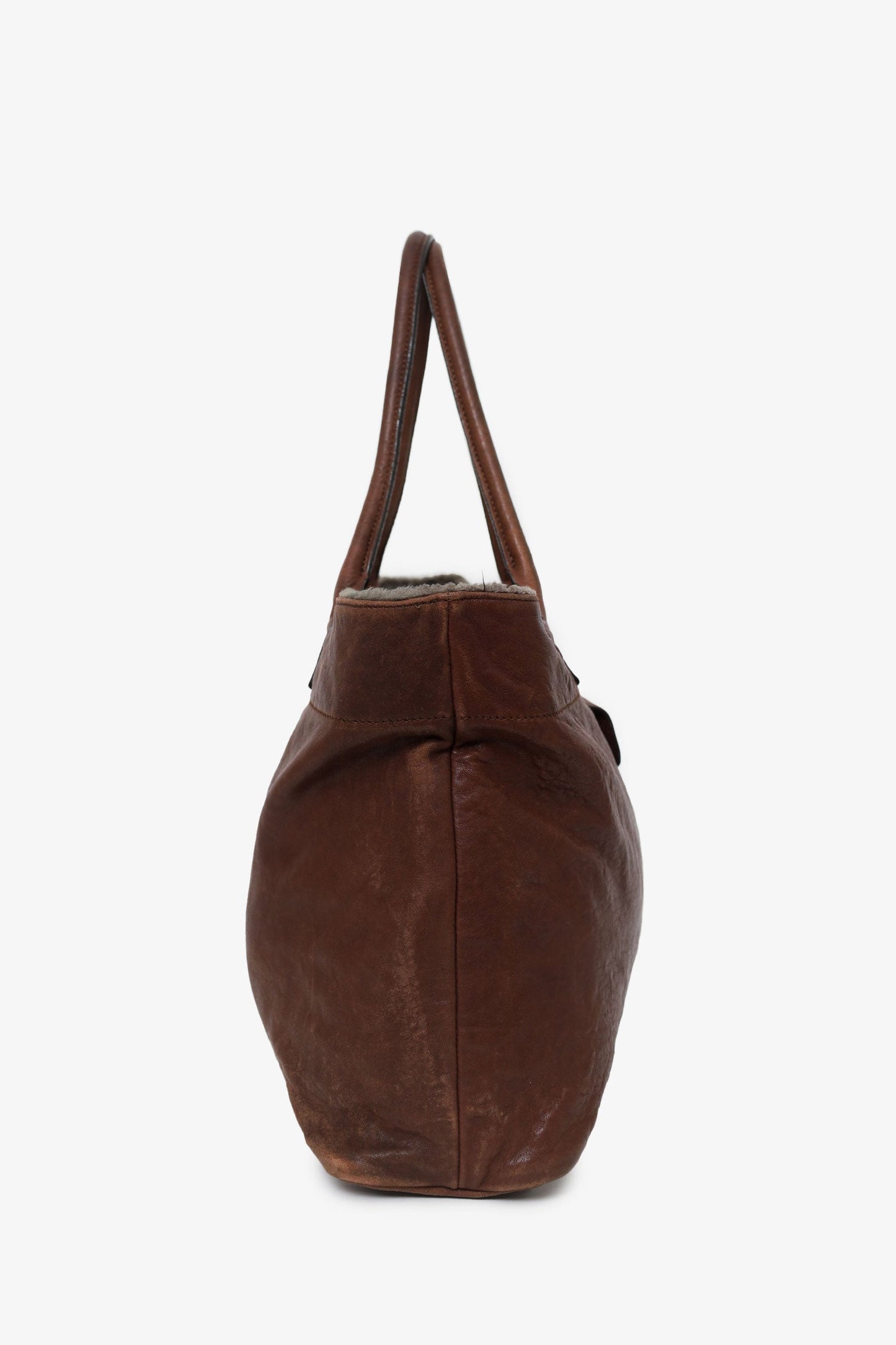 Brunello Cucinelli Brown Leather Shearling Trim Tote