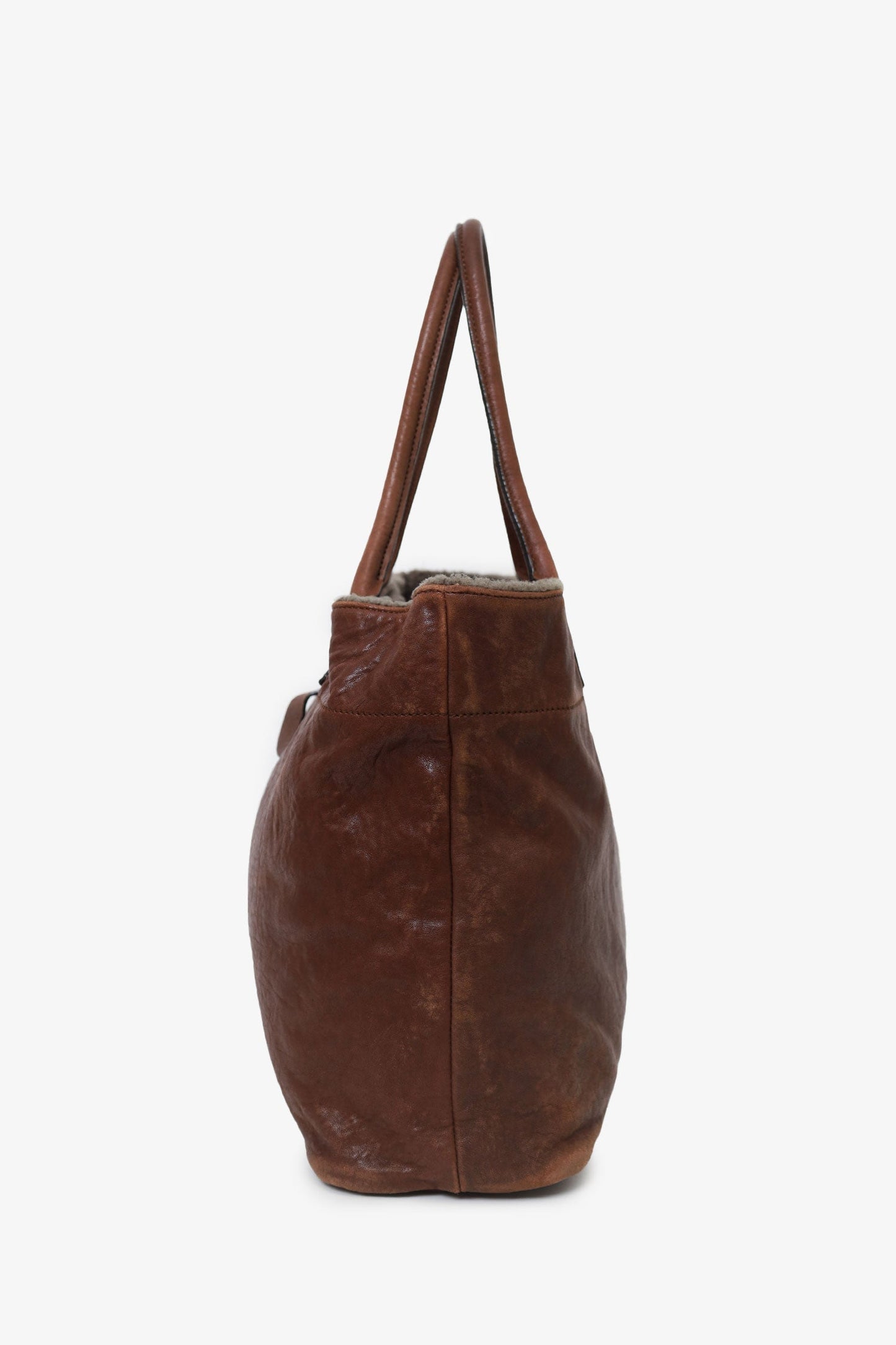Brunello Cucinelli Brown Leather Shearling Trim Tote