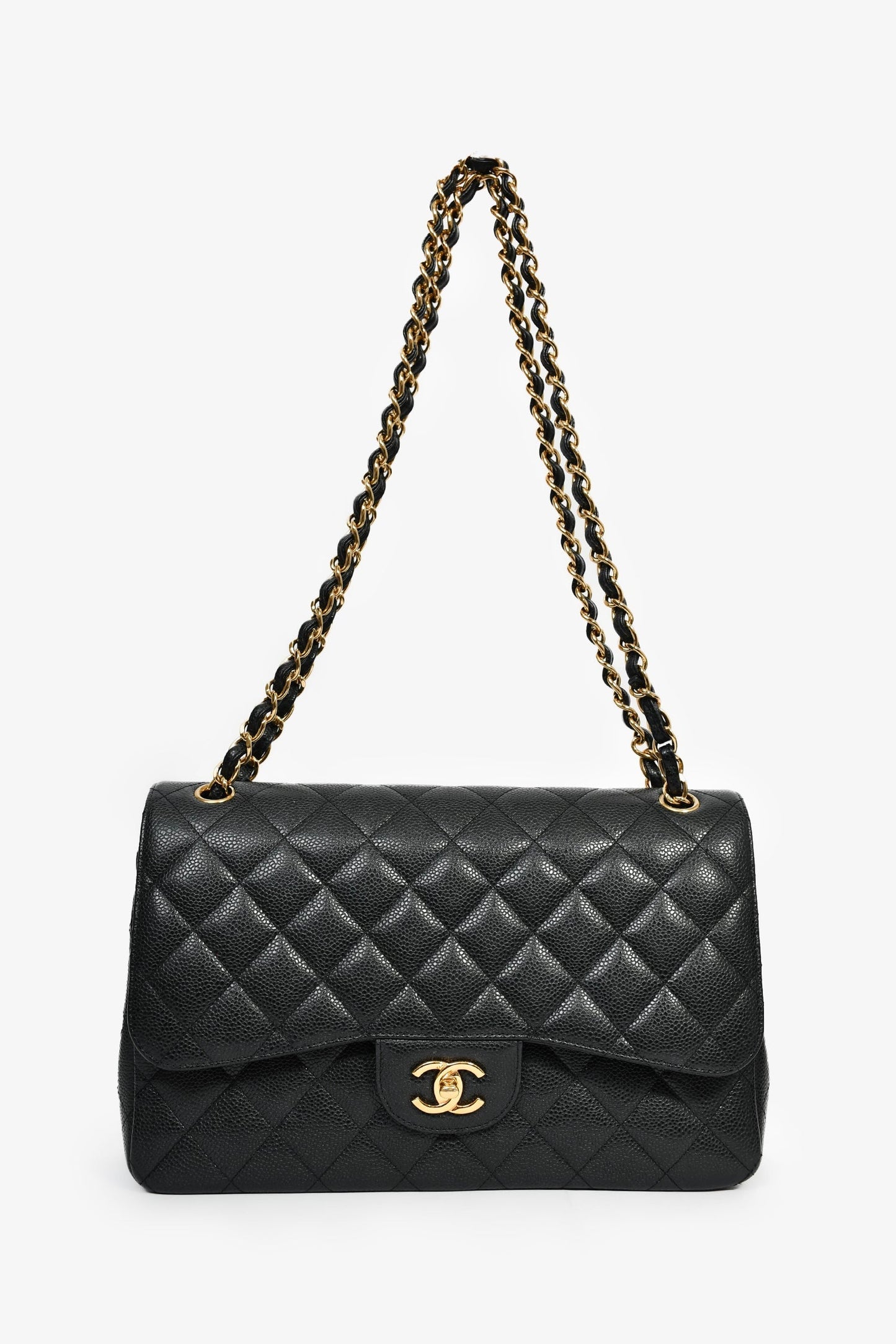 Chanel™ 2021 Black Caviar Leather Jumbo Double Flap Bag GHW