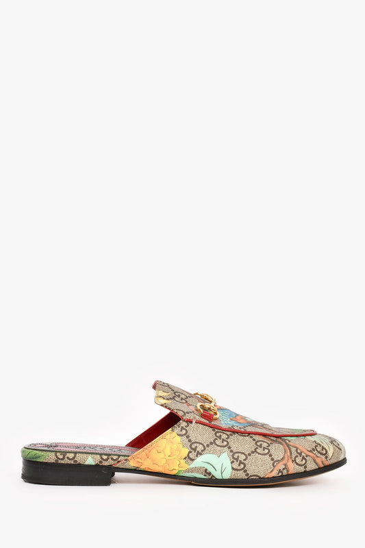 Gucci Brown Coated Canvas Supreme Leaf Print Mules Size 37.5