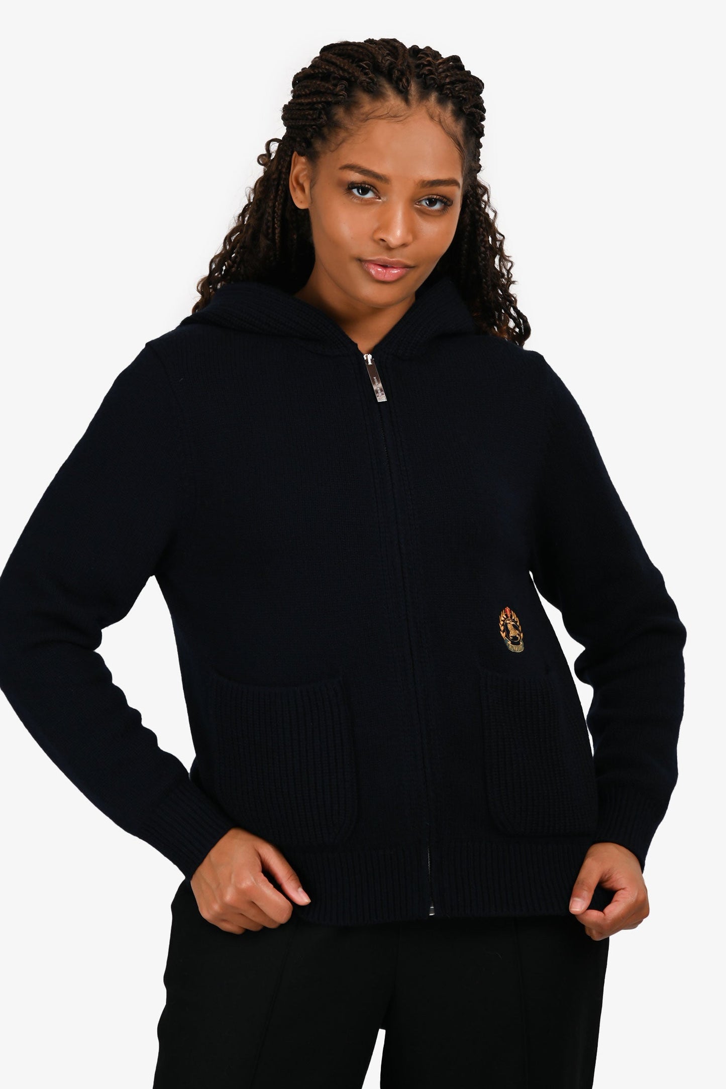Burberry London Navy Cashmere Logo Hooded Zip Up Cardigan Size M