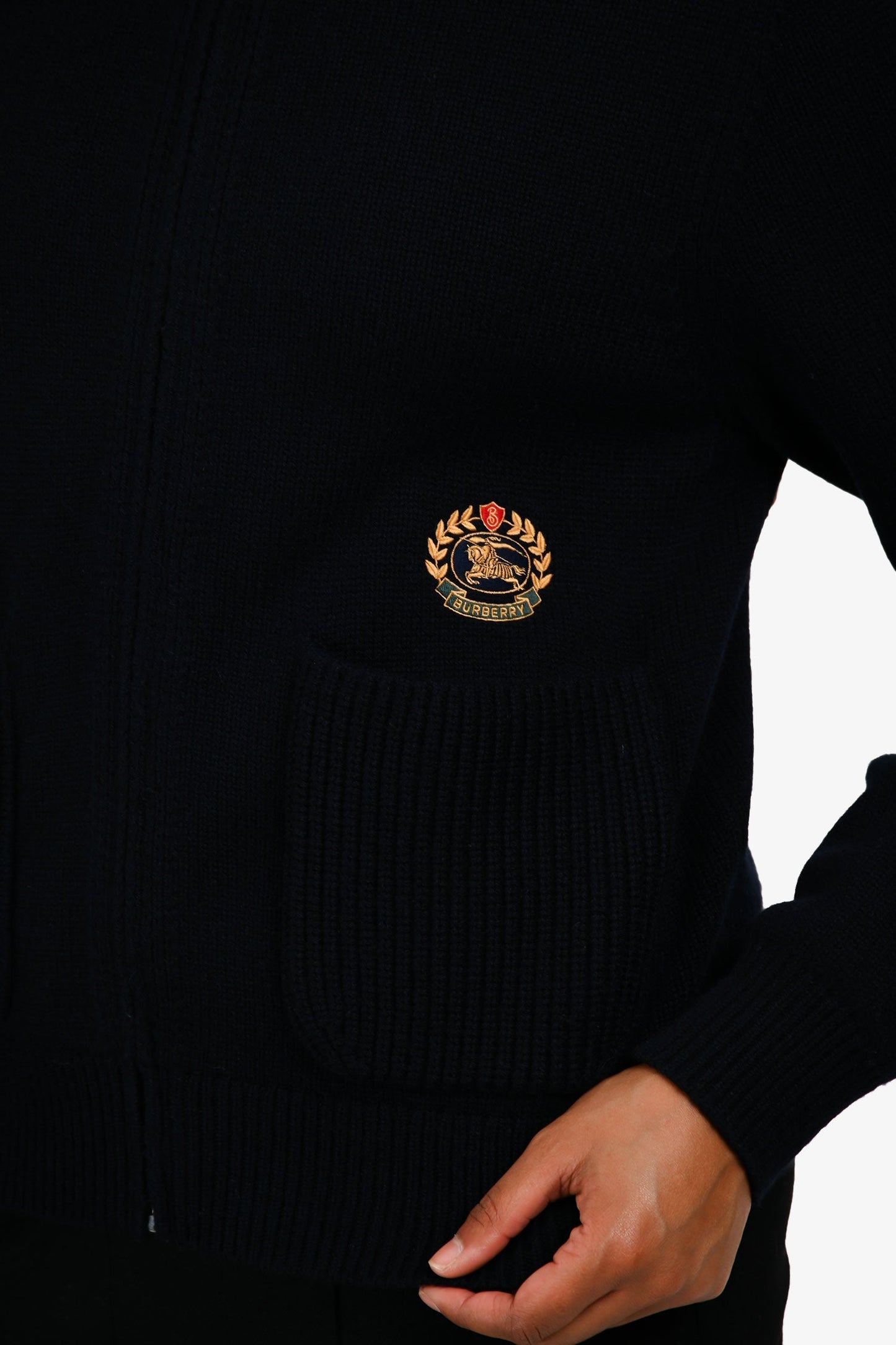 Burberry London Navy Cashmere Logo Hooded Zip Up Cardigan Size M