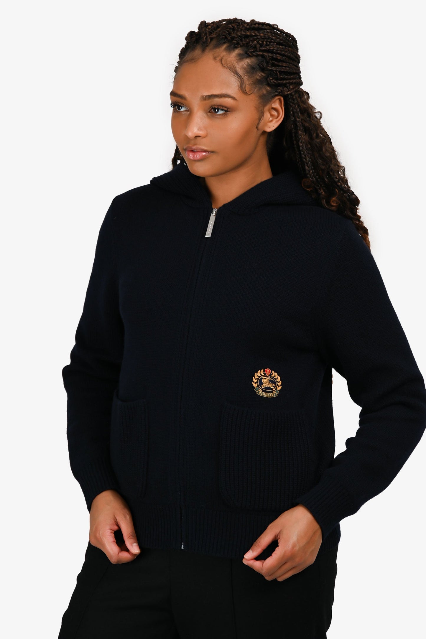 Burberry London Navy Cashmere Logo Hooded Zip Up Cardigan Size M