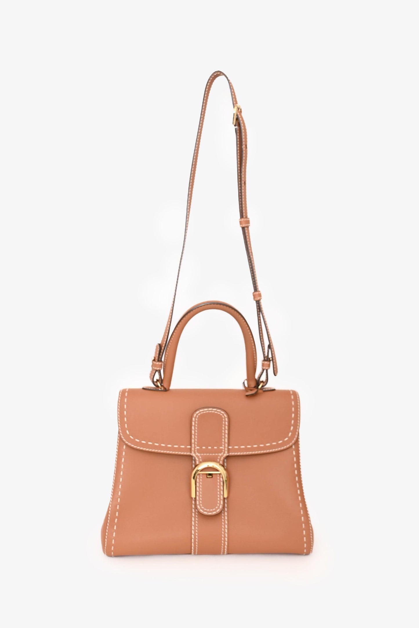 Delvaux Brown Leather Stitch Detail Le Brilliant MM Top Handle Gold Hardware with Strap