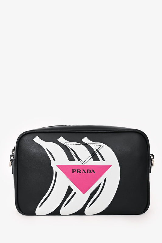 Prada Black Leather Banana Printed Camera Crossbody Bag