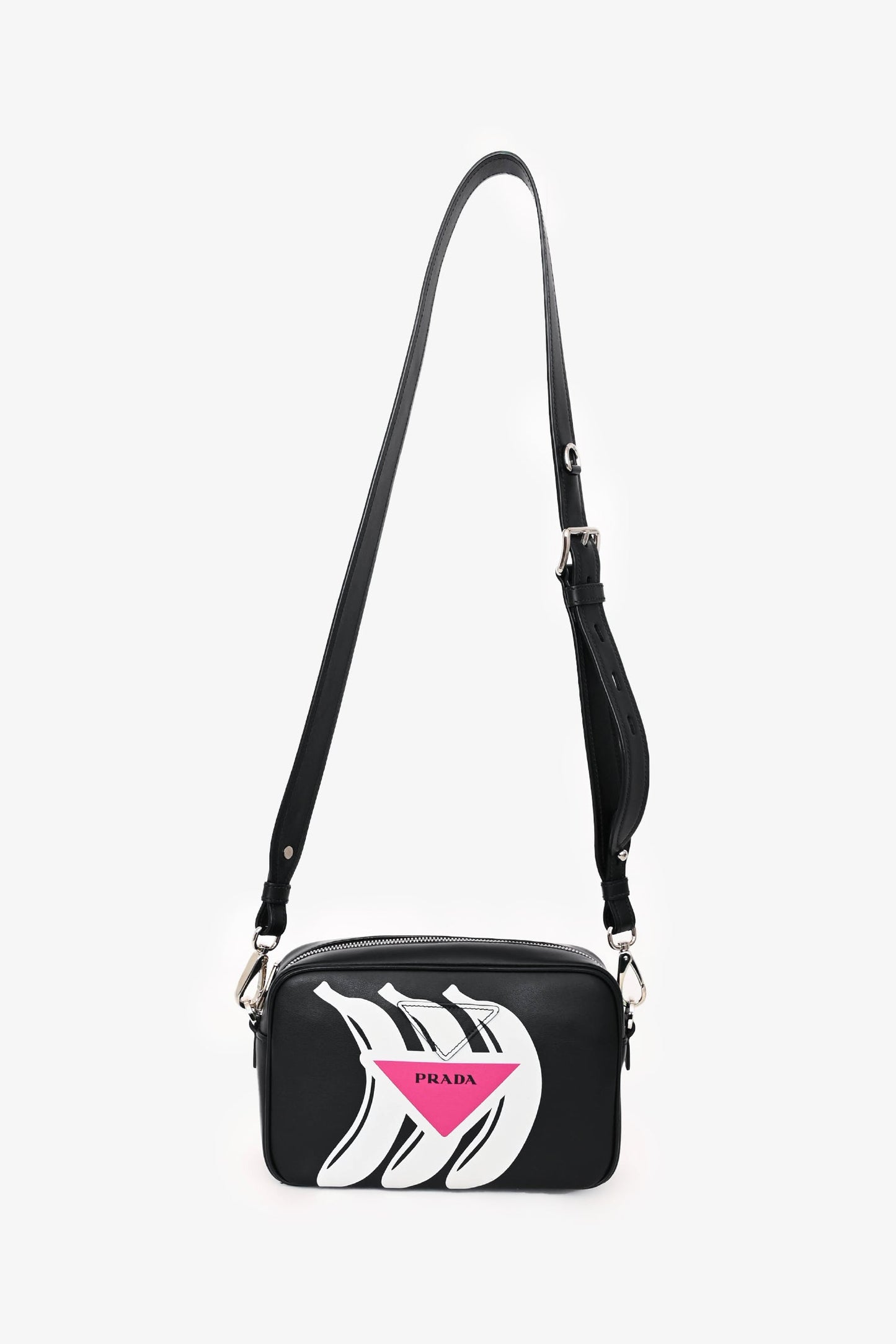 Prada Black Leather Banana Printed Camera Crossbody Bag