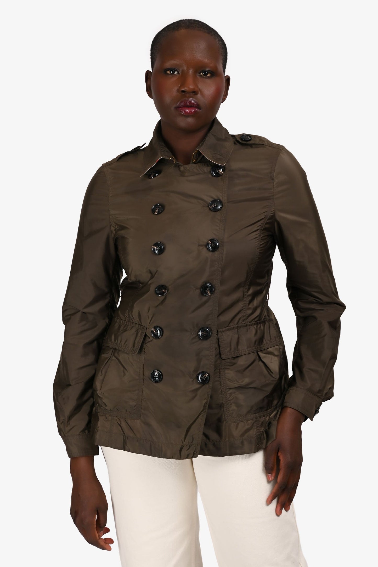 Burberry Brit Green Nylon Double Breasted Short Trench Coat Size 8 US