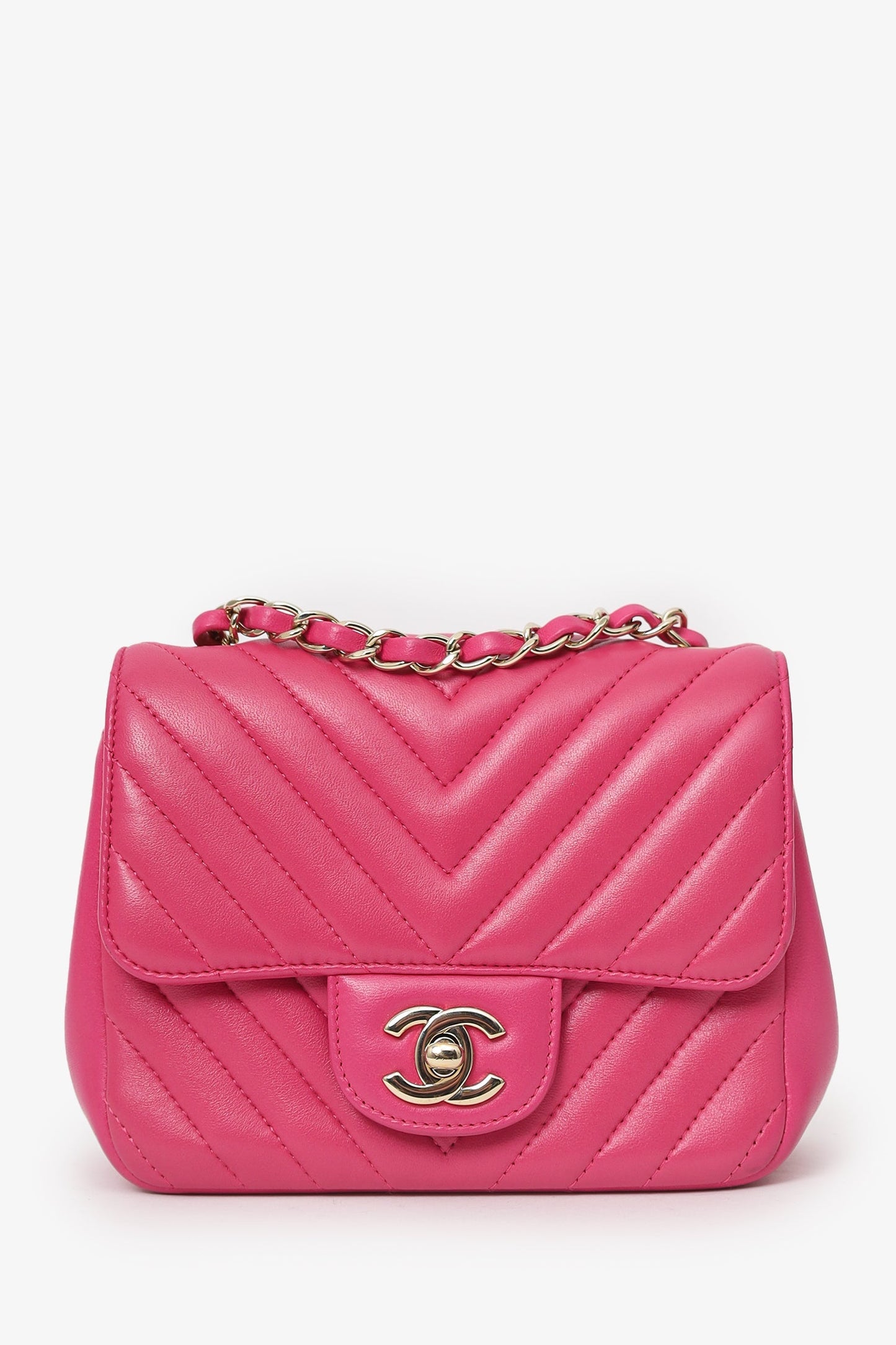 Chanel™ 2017/18 Pink Leather Chevron Mini Square Flap Bag