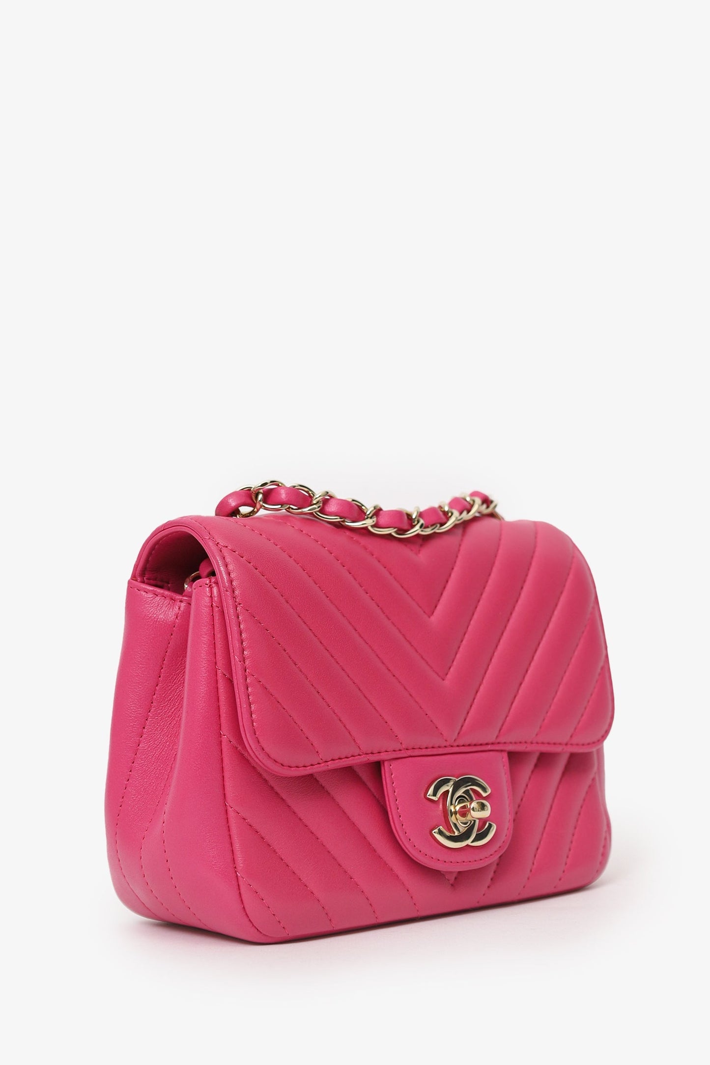 Chanel™ 2017/18 Pink Leather Chevron Mini Square Flap Bag