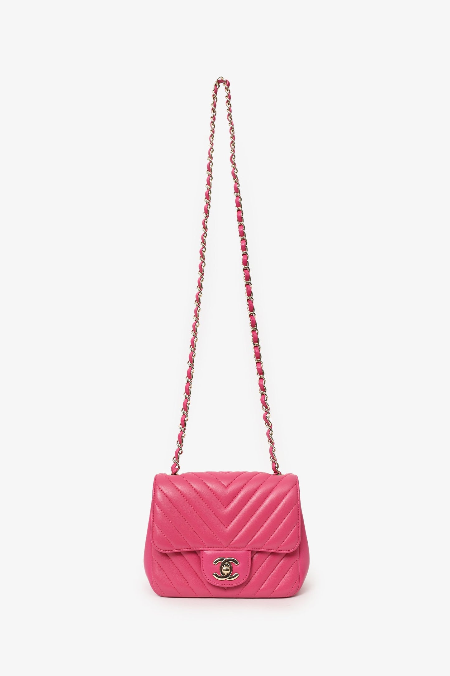 Chanel™ 2017/18 Pink Leather Chevron Mini Square Flap Bag