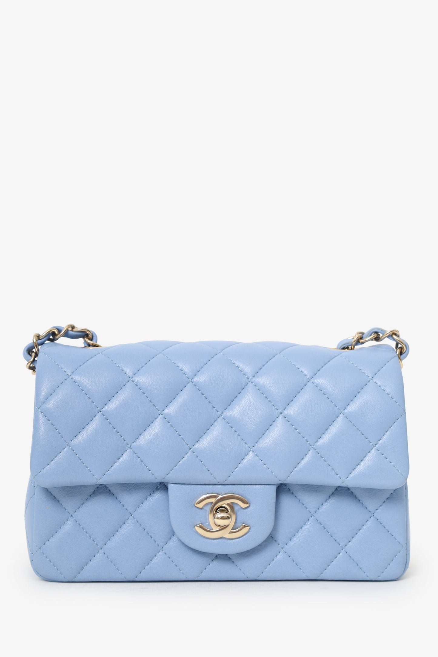 Chanel™ 2020 Sky Blue Leather Quilted Mini Rectangle Flap Bag