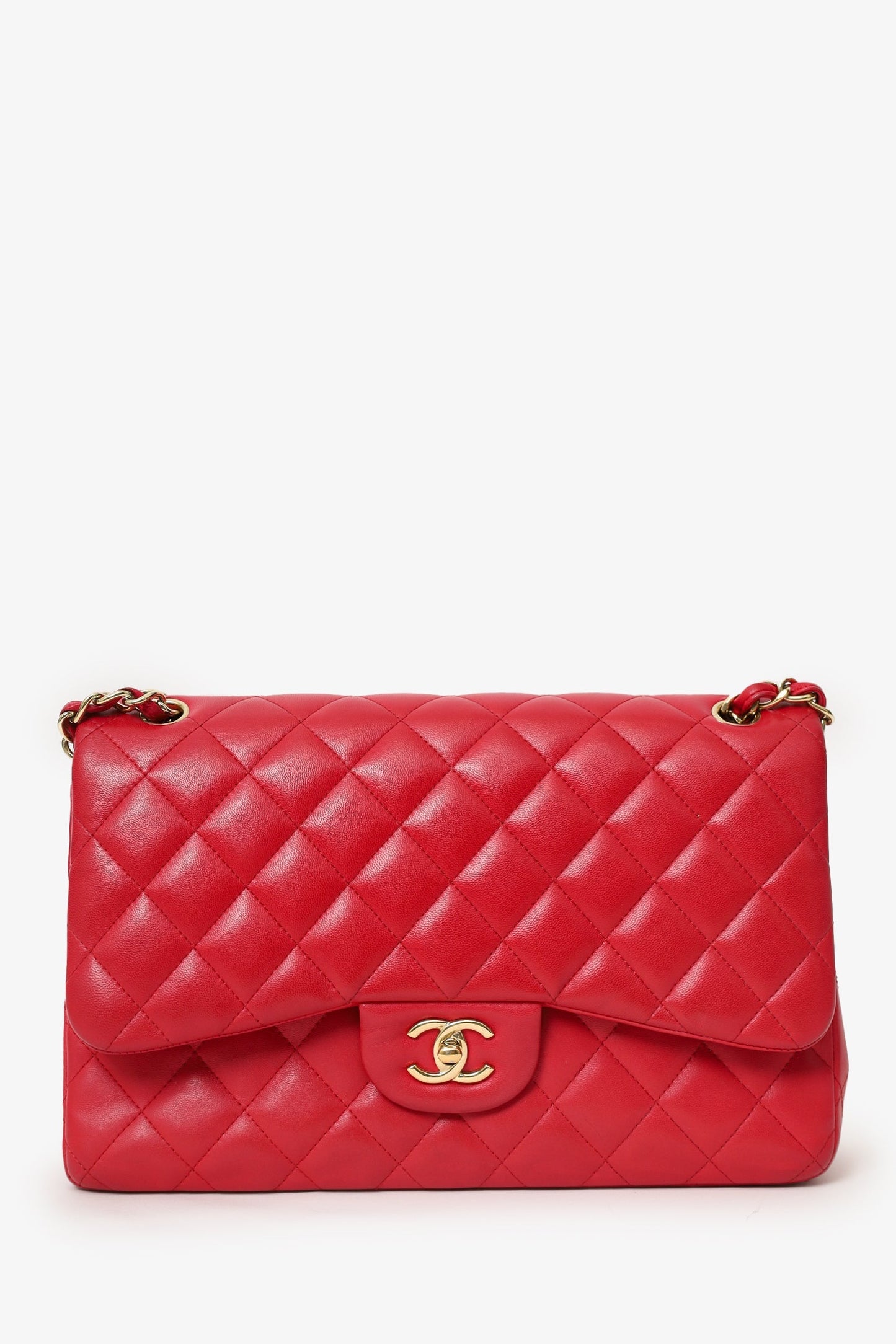 Chanel™ 2015-16 Red Lambskin Quilted Classic Jumbo Flap Bag