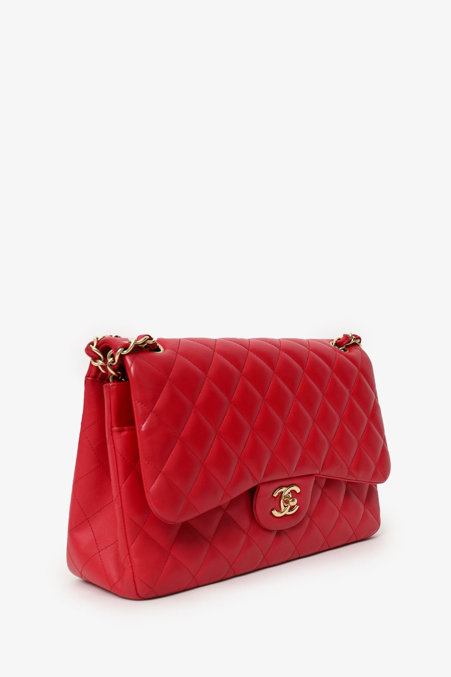 Chanel™ 2015-16 Red Lambskin Quilted Classic Jumbo Flap Bag