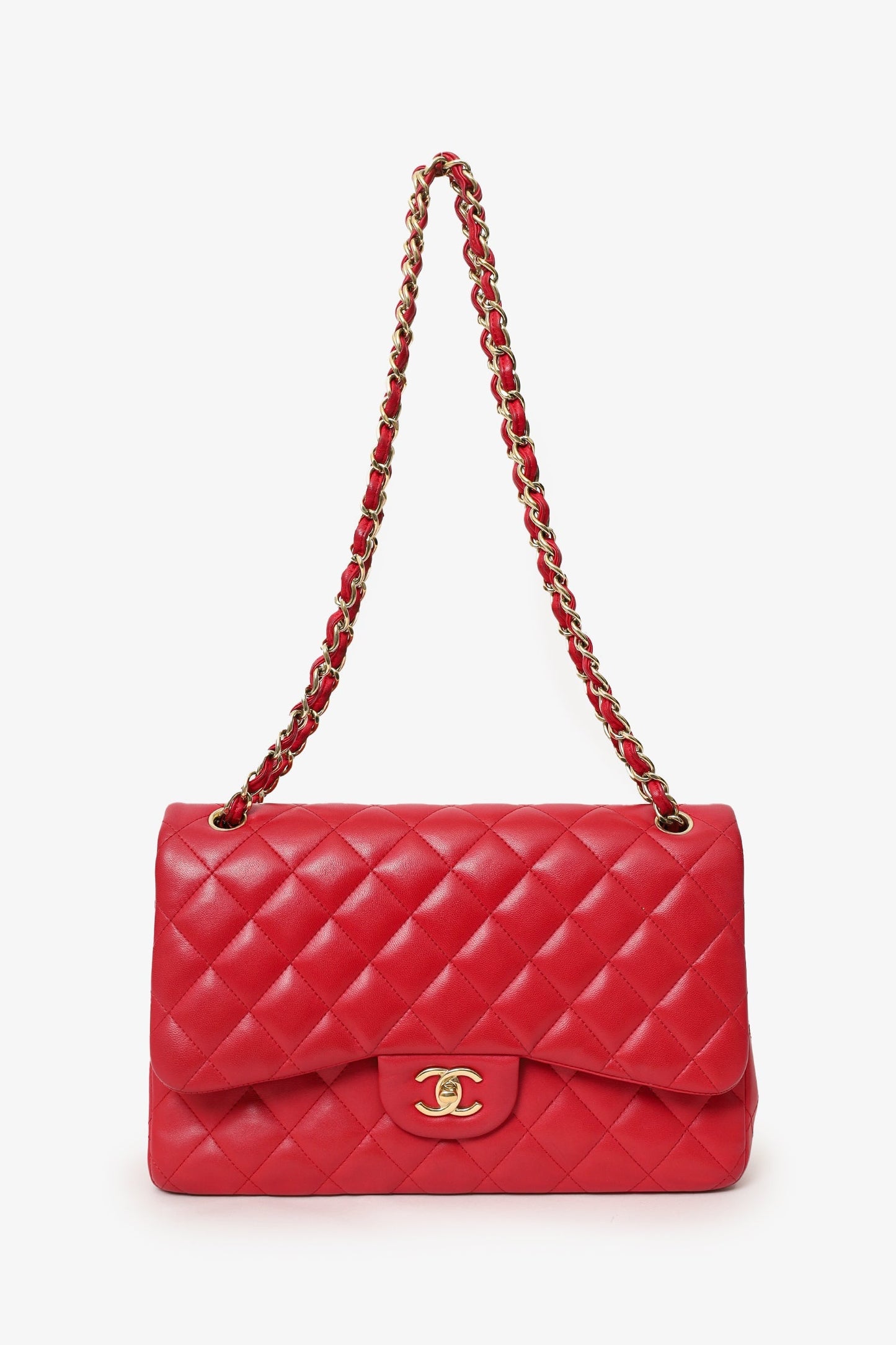 Chanel™ 2015-16 Red Lambskin Quilted Classic Jumbo Flap Bag