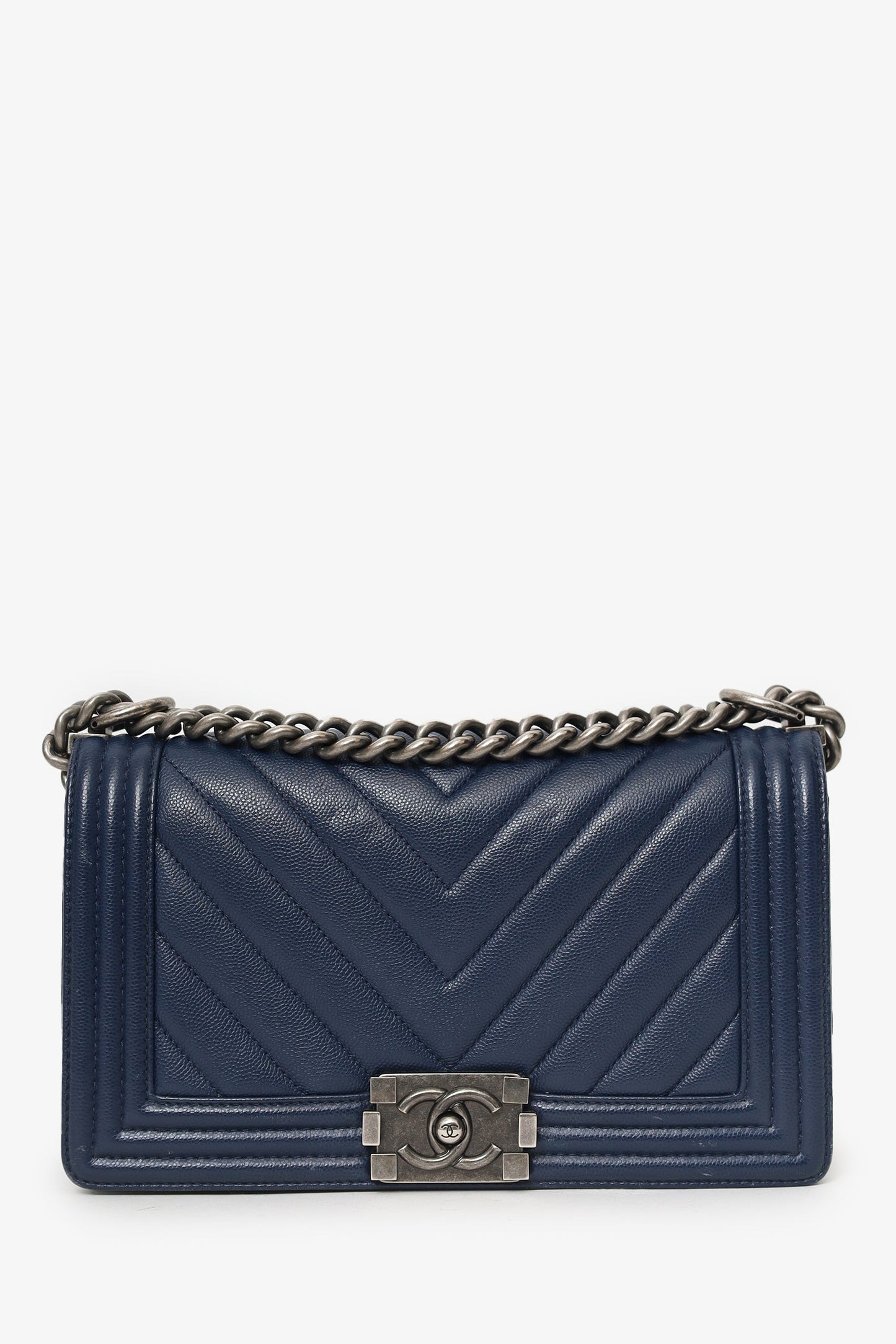 Chanel™ 2017-18 Navy Caviar Chevron Medium Boy Bag