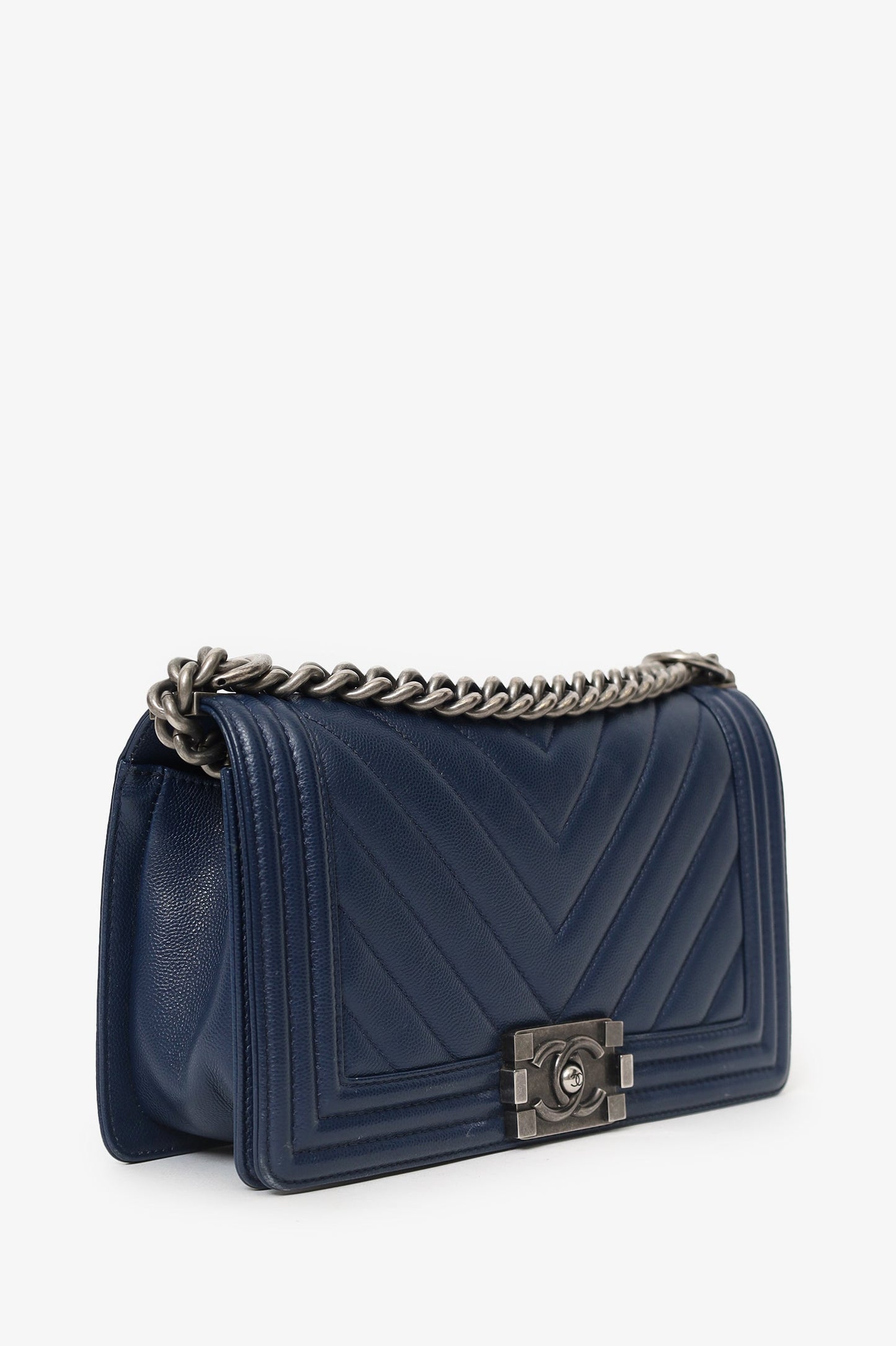 Chanel™ 2017-18 Navy Caviar Chevron Medium Boy Bag
