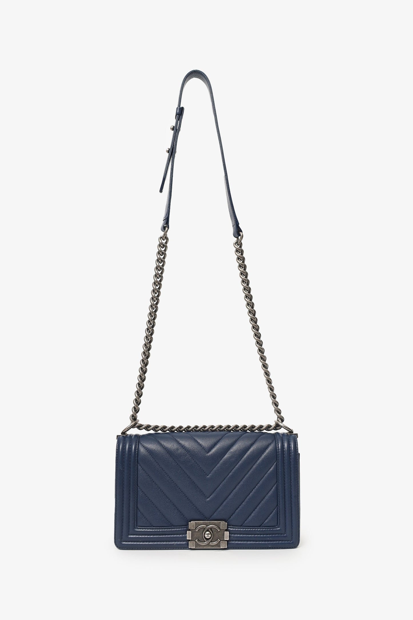 Chanel™ 2017-18 Navy Caviar Chevron Medium Boy Bag