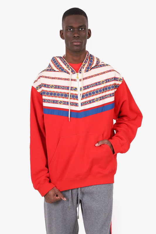 Gucci Red Jersey/Nylon Horsebit Print Half-zip Hoodie Size XL Mens