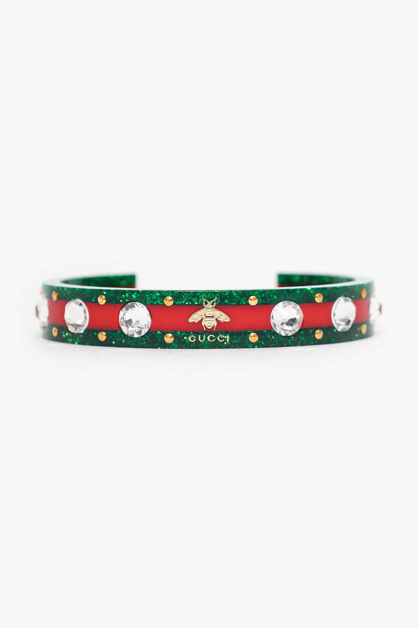 Gucci Green/Red   Web Cuff Bracelet With Crystals