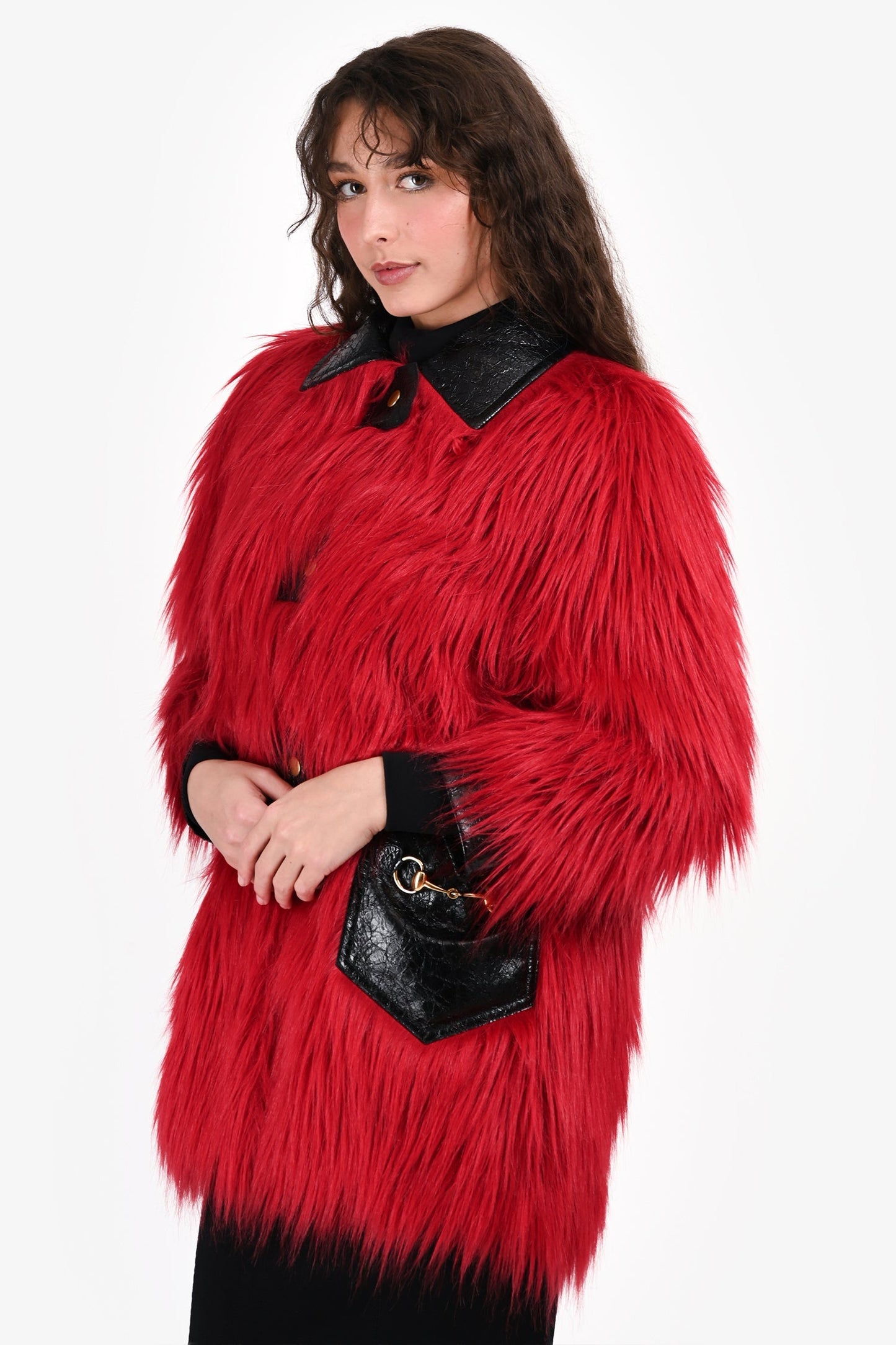 Gucci 2016 Black/Red Coated Leather/Faux Hair Horsebit Detail Jacket Size 40