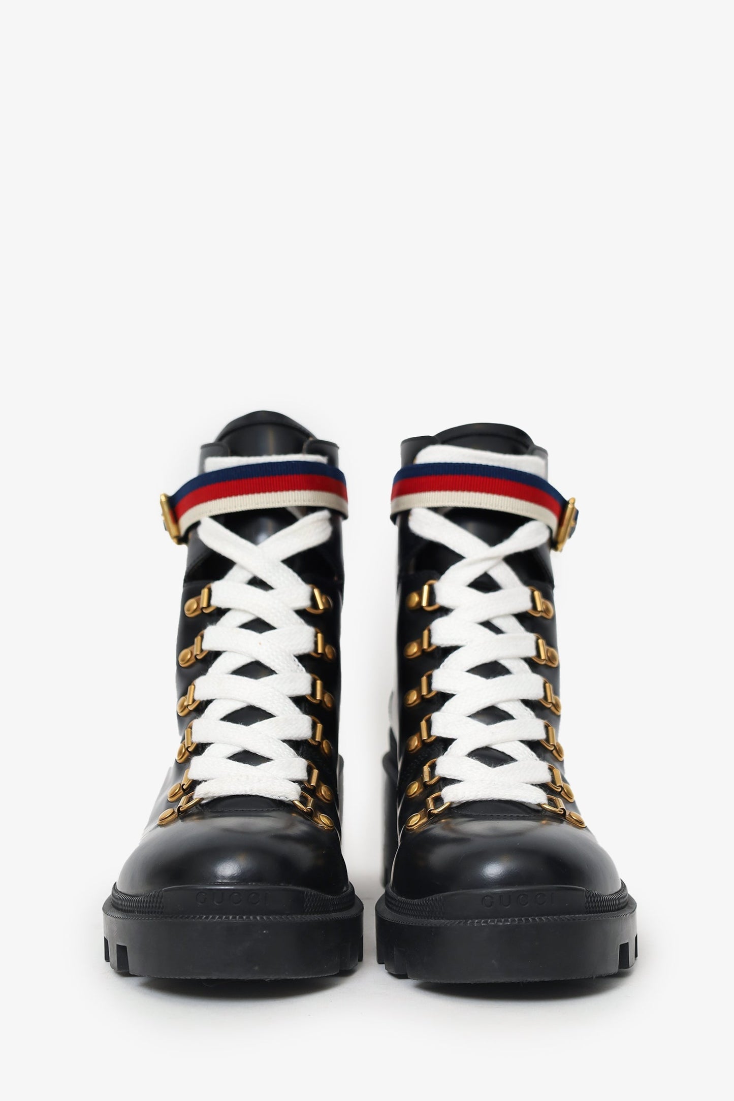 Gucci Black Leather Sylvie Web Combat Boots Size 40