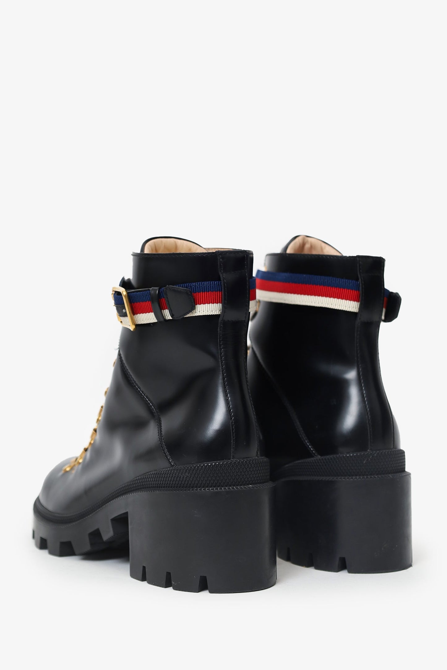 Gucci Black Leather Sylvie Web Combat Boots Size 40