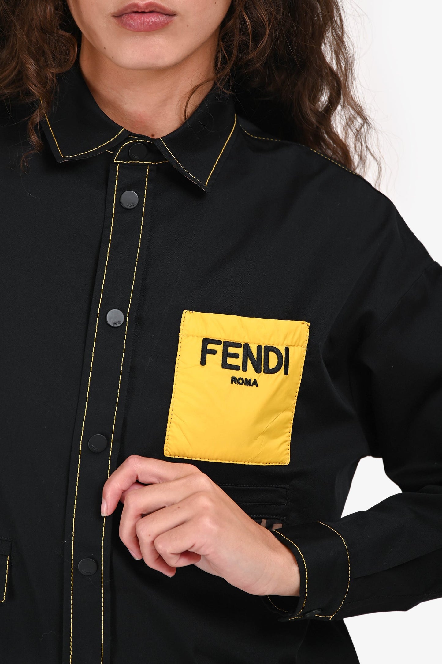Fendi Black/Yellow Pocket Stitch Detail Button-Up Shirt Estimated Size S
