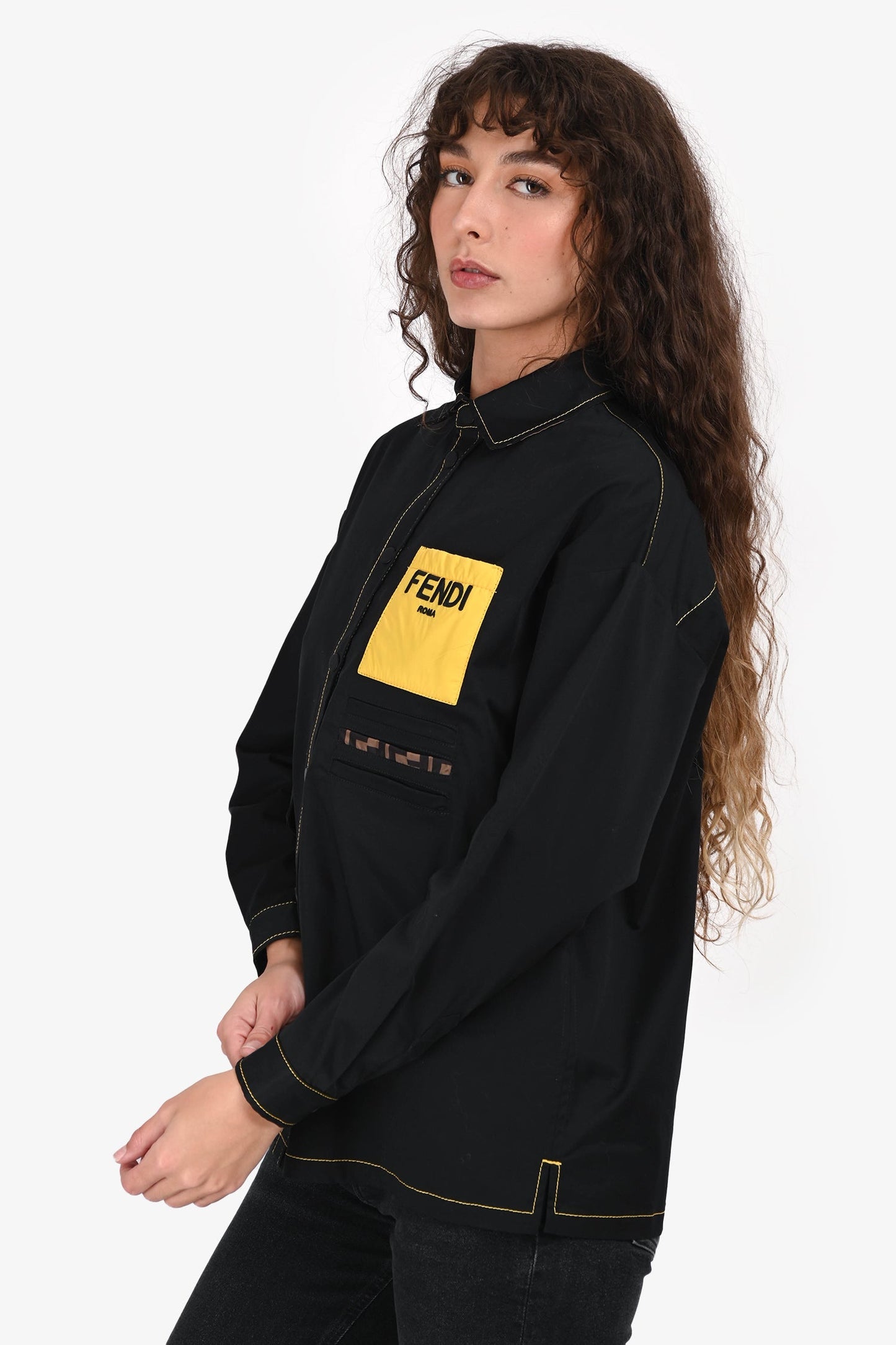 Fendi Black/Yellow Pocket Stitch Detail Button-Up Shirt Estimated Size S