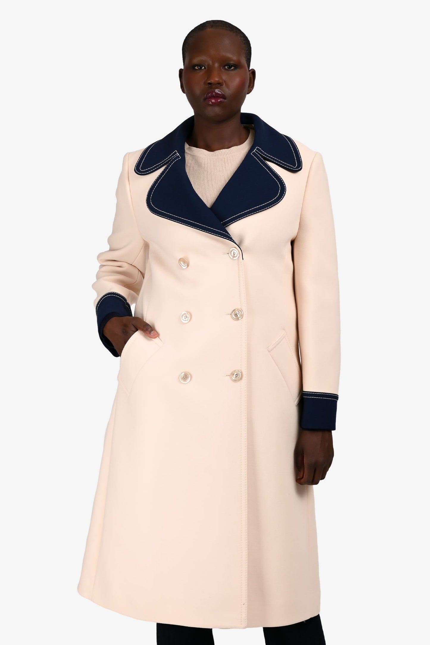 Gucci 2018 White/Blue Wool Stitch Detail Coat Size 44