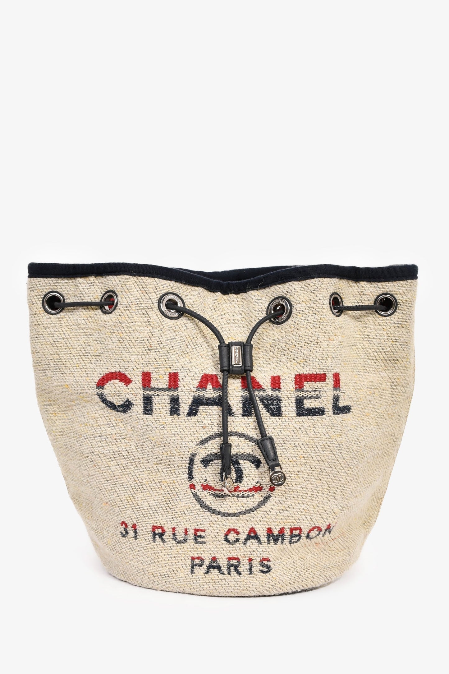 Chanel™ 2018-19 Beige Cloth Deauville Logo Bucket Shoulder Bag