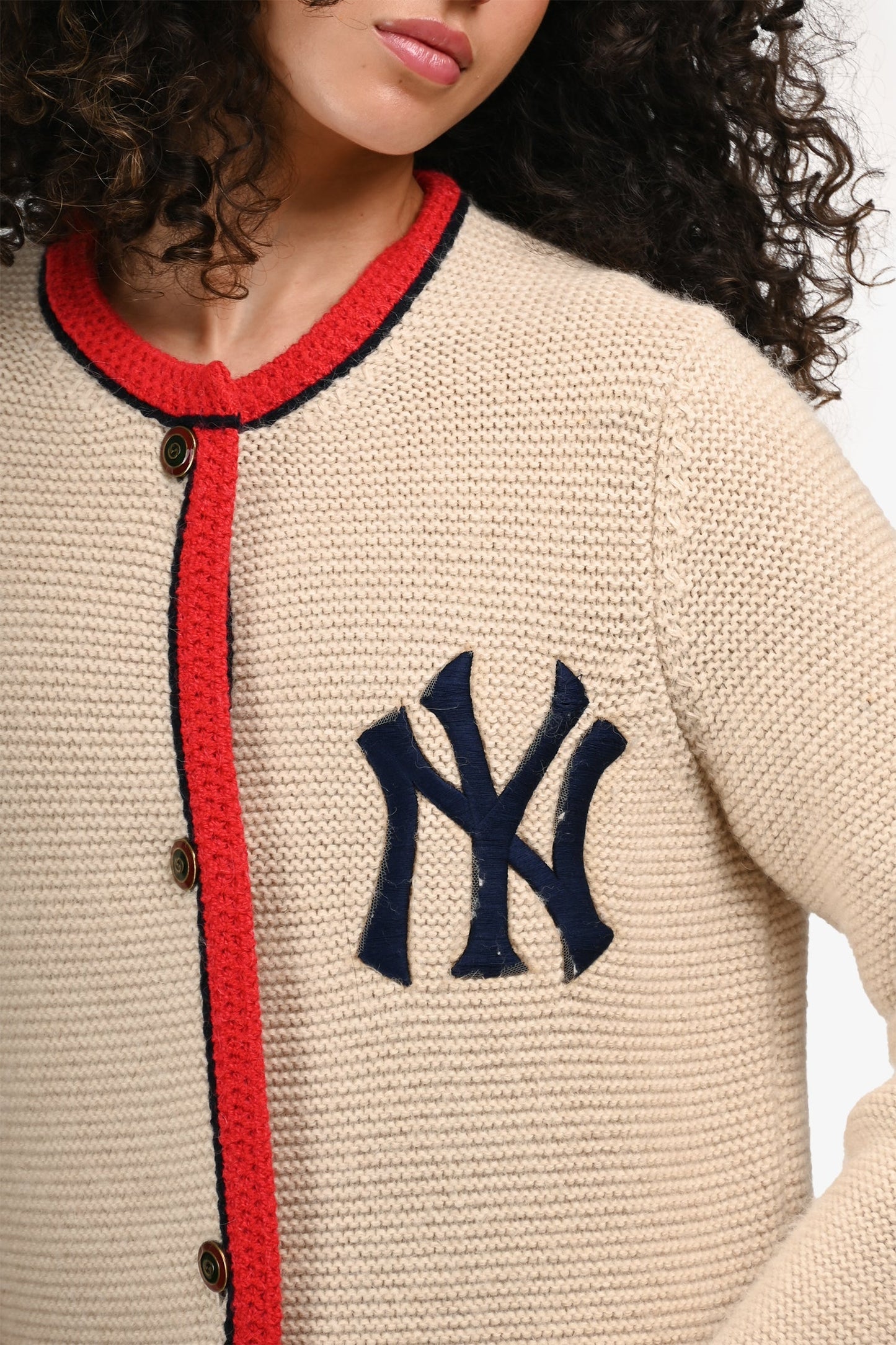 Gucci x NY Yankees Beige Alpaca/Wool Embellished Patchwork Long Cardigan Size S