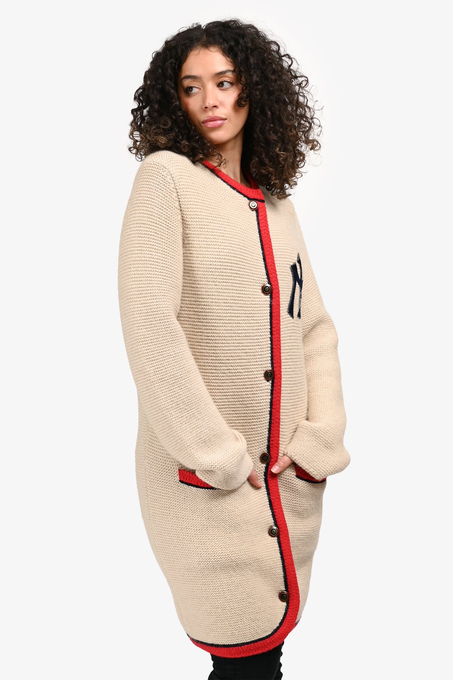 Gucci x NY Yankees Beige Alpaca/Wool Embellished Patchwork Long Cardigan Size S