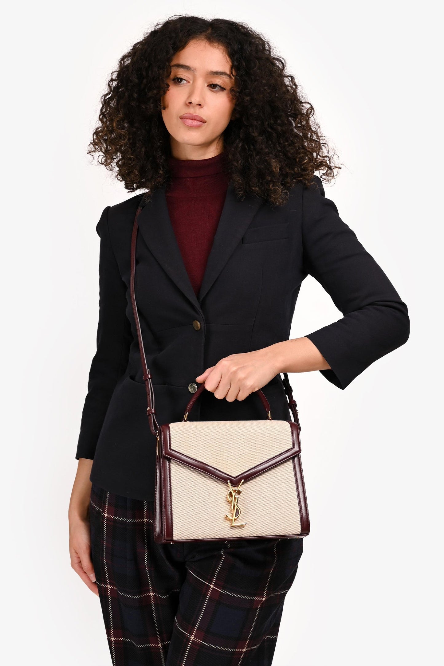 Saint Laurent 2020 Cream/Burgundy Canvas Leather-Trimmed Medium Cassandra Top Handle