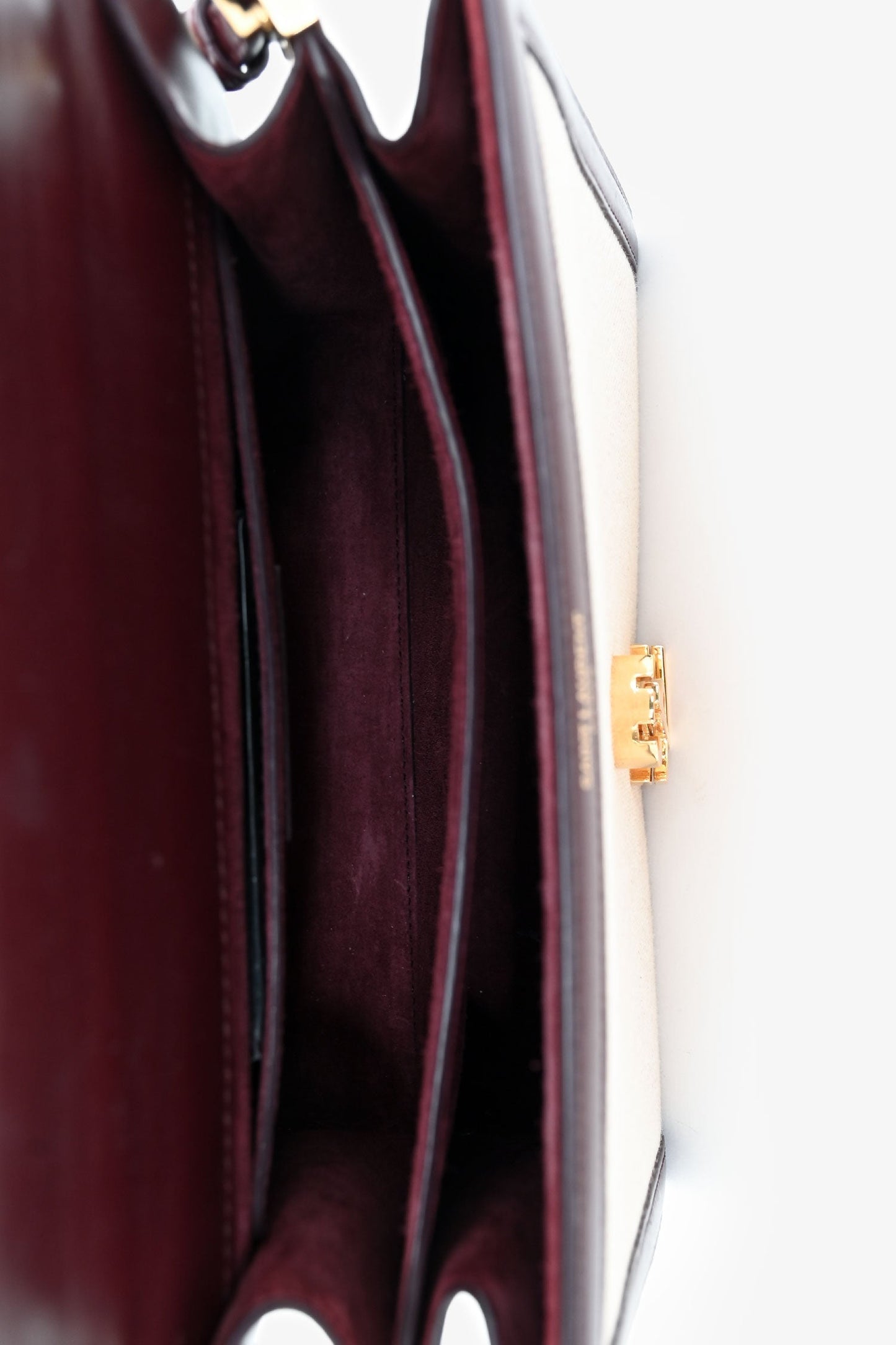 Saint Laurent 2020 Cream/Burgundy Canvas Leather-Trimmed Medium Cassandra Top Handle