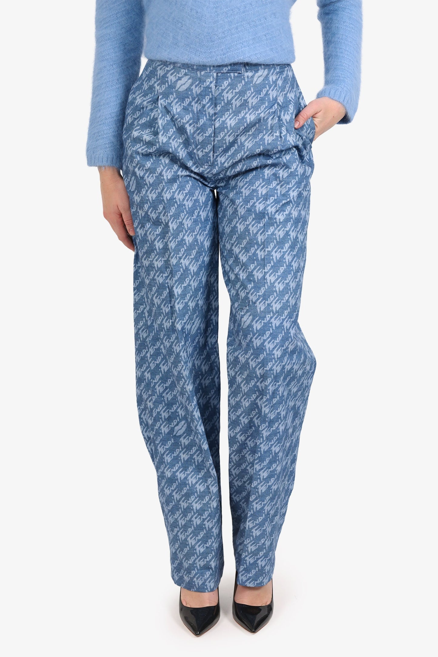 Fendi Blue Denim Logo All Over Chambray Trors Size 38