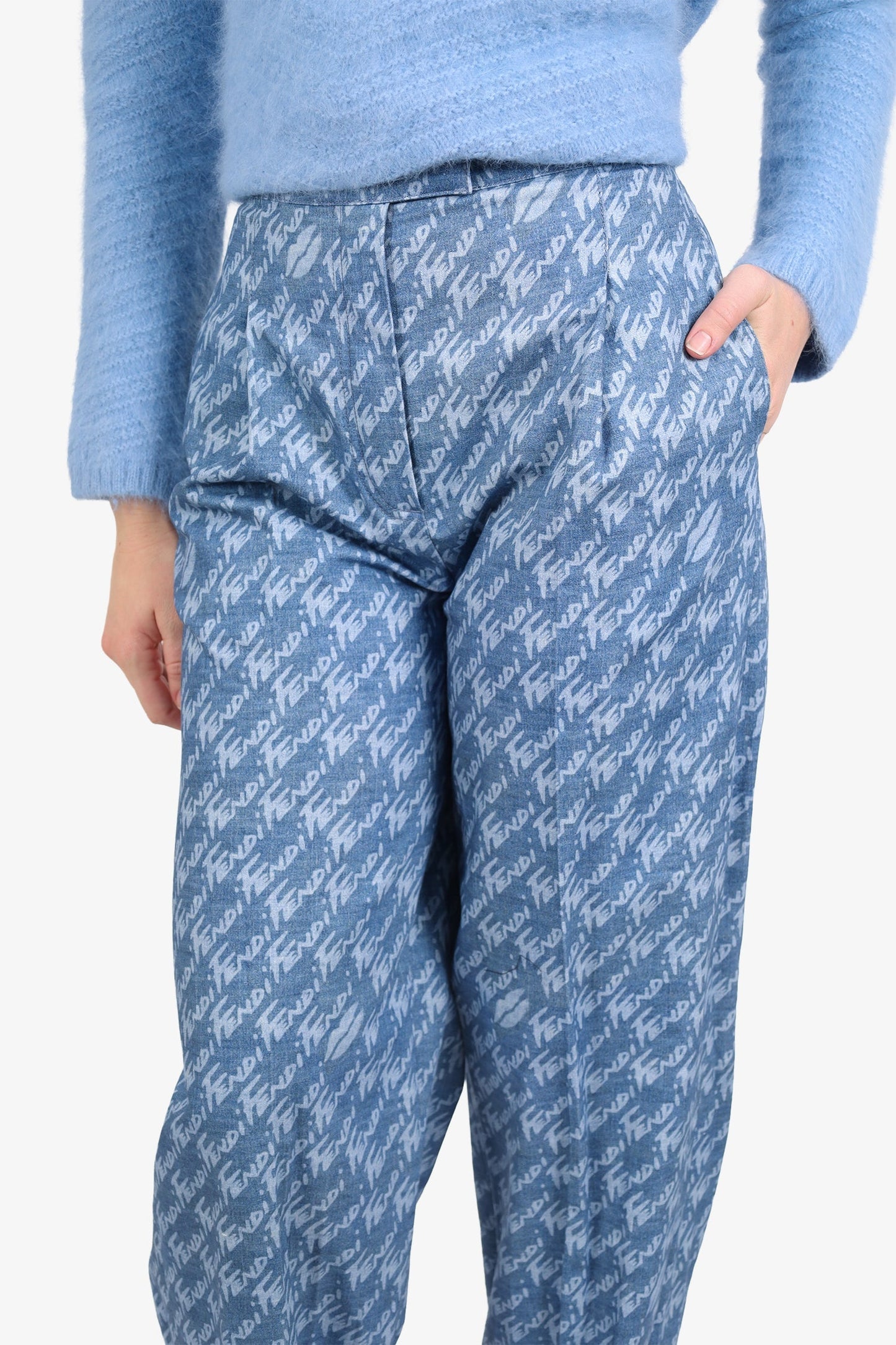 Fendi Blue Denim Logo All Over Chambray Trors Size 38