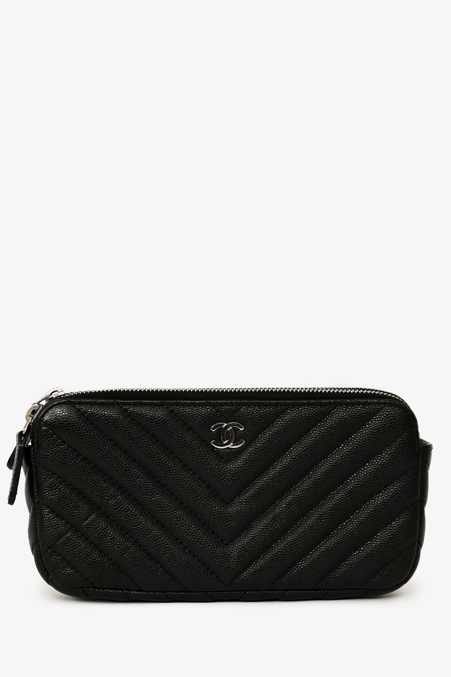 Chanel™ 2017/18 Black Caviar Chevron Double Zip Wallet On Chain