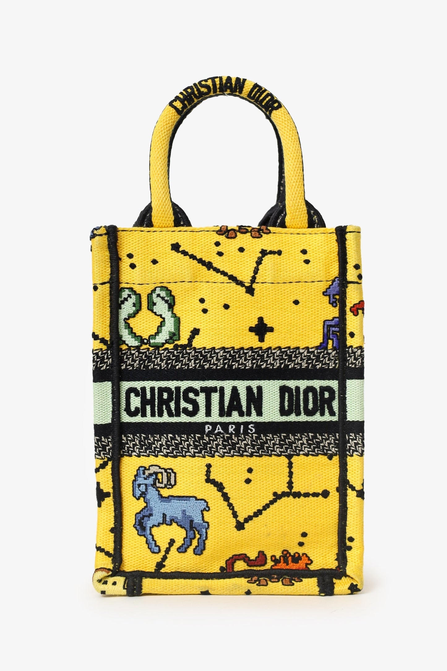 Christian Dior 2022 Yellow Canvas Embroidered Pixel Zodiac Mini Book Tote Phone Bag With Strap