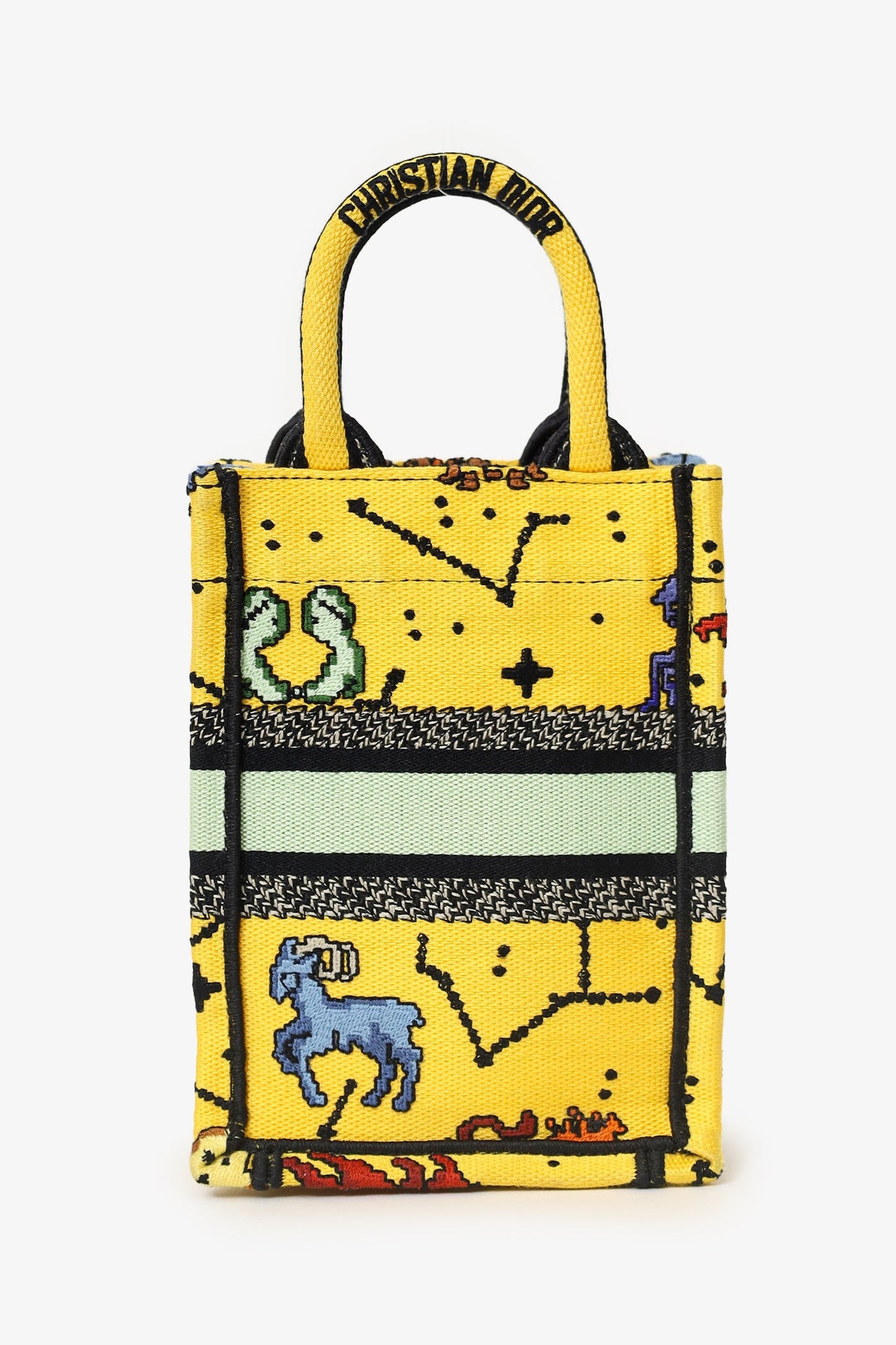 Christian Dior 2022 Yellow Canvas Embroidered Pixel Zodiac Mini Book Tote Phone Bag With Strap