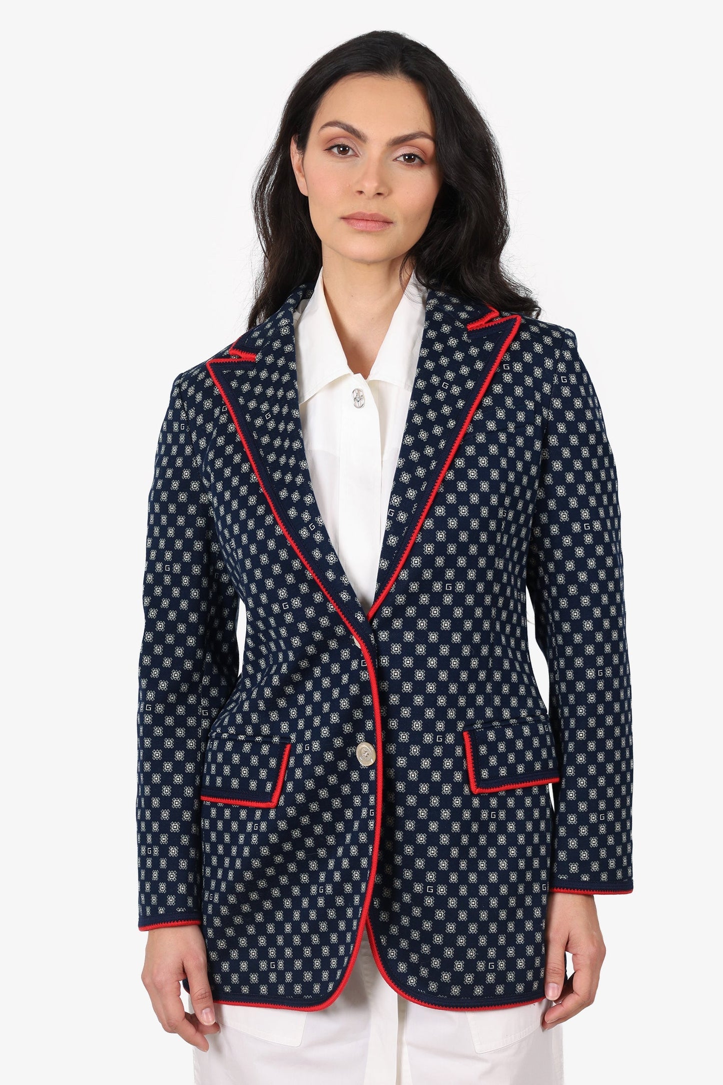 Gucci Navy Blue/Red Trim Printed Single Breasted Blazer Size 44
